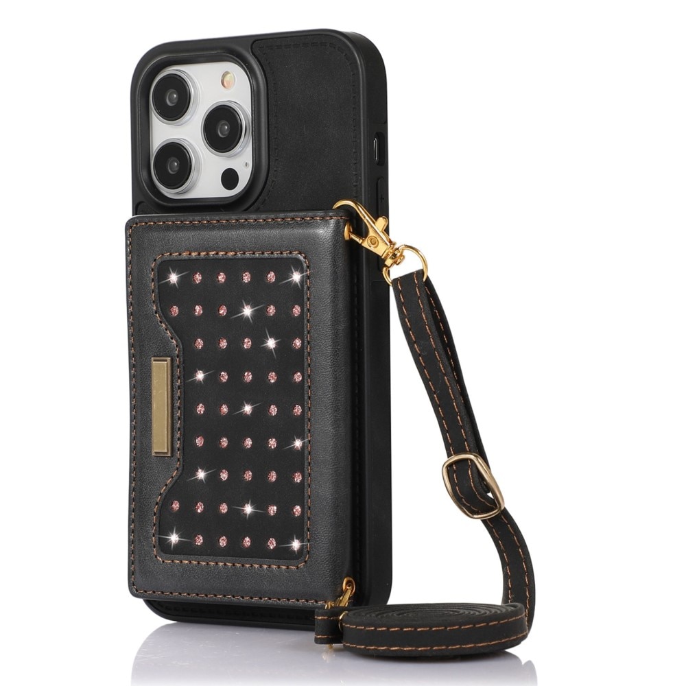 Funda con tarjetero brillantina iPhone 14 Pro Negro