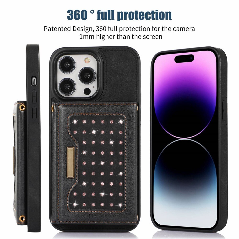 Funda con tarjetero brillantina iPhone 14 Pro Negro