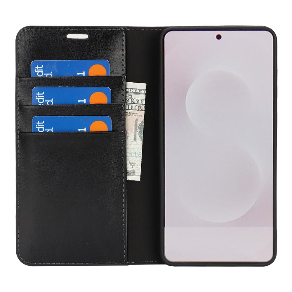 Funda cartera de cuero genuino Samsung Galaxy S25 Edge Negro