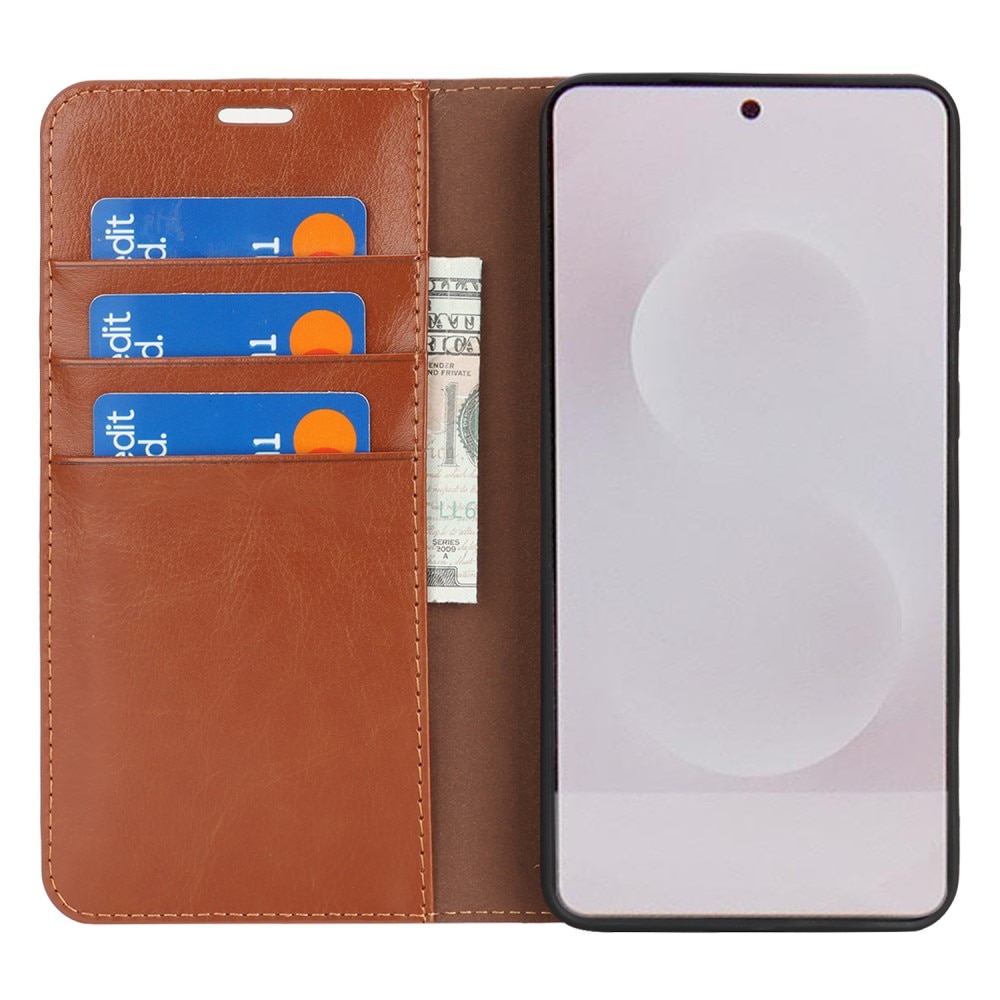 Funda cartera de cuero genuino Samsung Galaxy S25 Edge Marrón