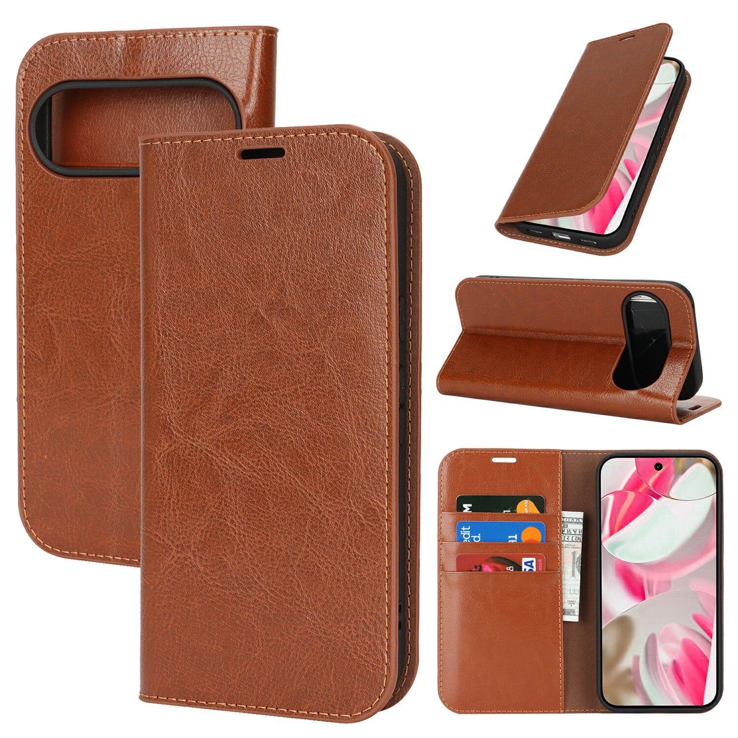 Funda cartera de cuero genuino Google Pixel 10 Marrón