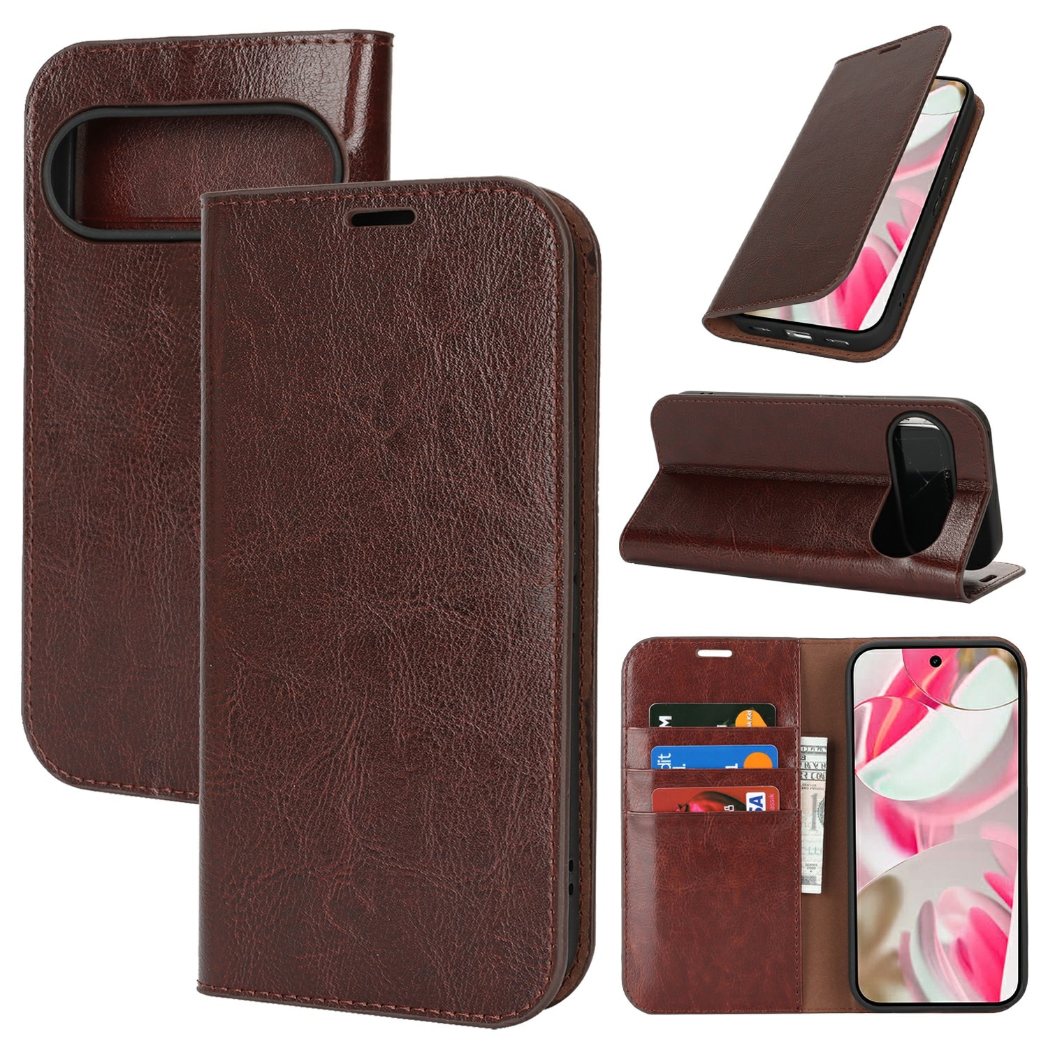 Funda cartera de cuero genuino Google Pixel 10 Marrón oscuro