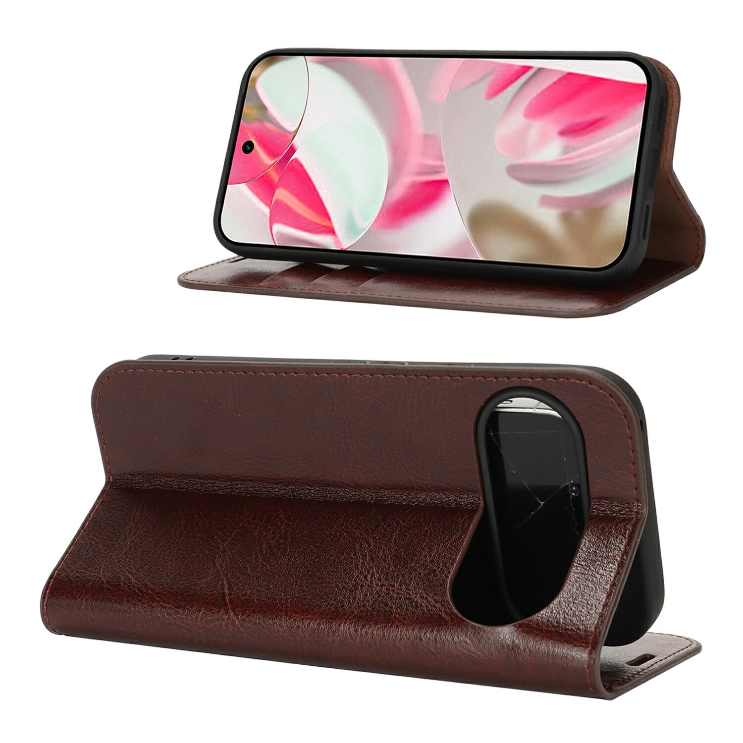 Funda cartera de cuero genuino Google Pixel 10 Marrón oscuro