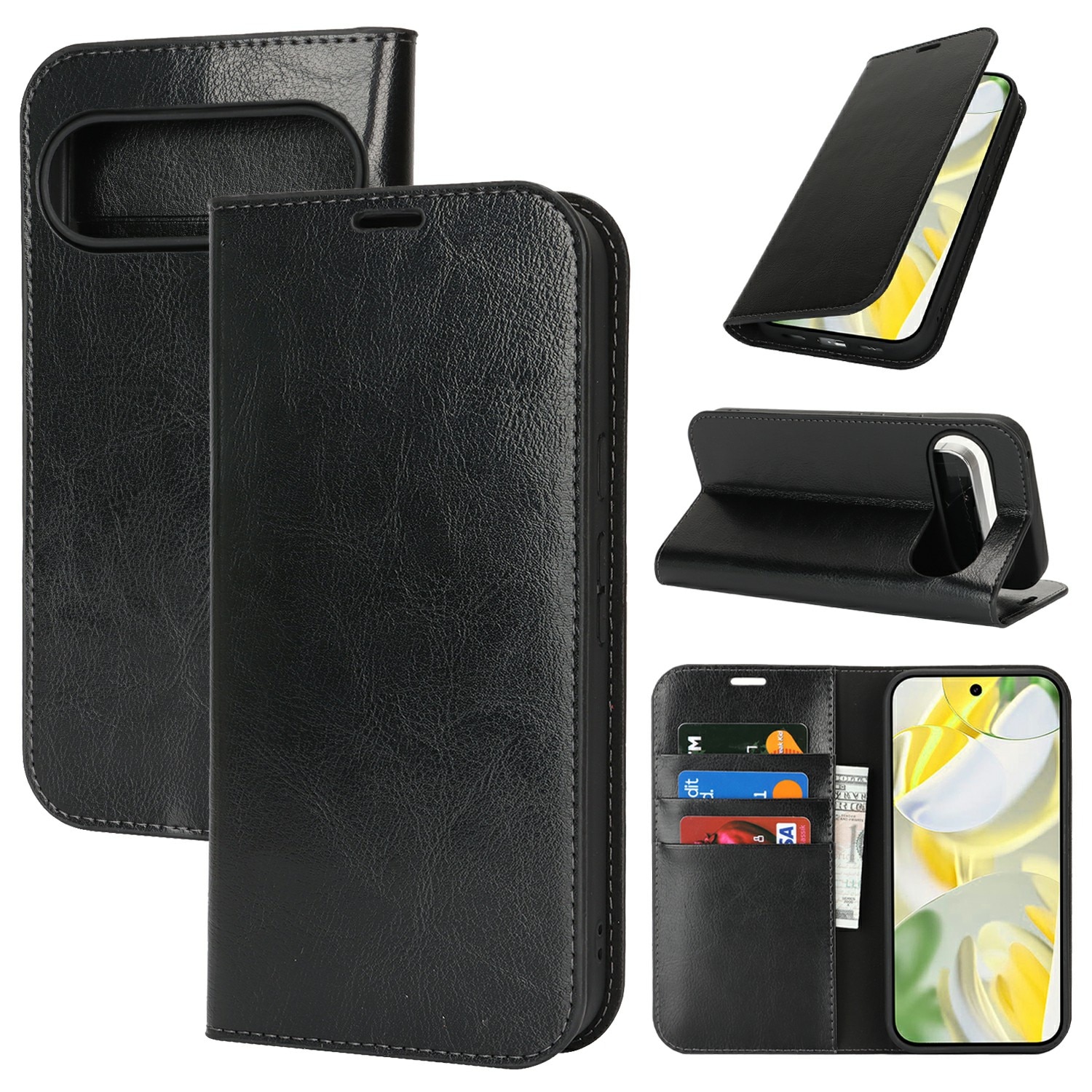 Funda cartera de cuero genuino Google Pixel 10 Pro XL Negro