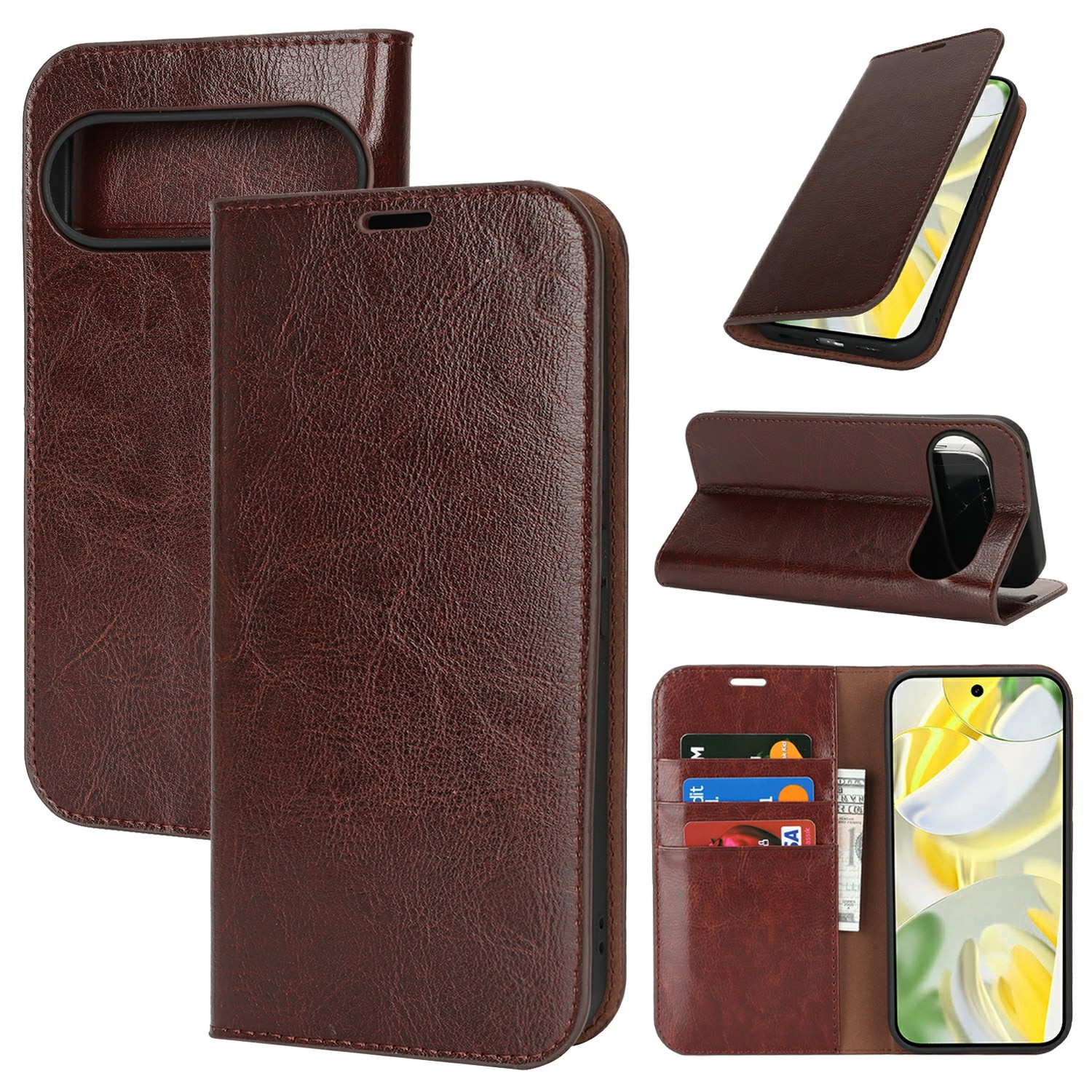 Funda cartera de cuero genuino Google Pixel 10 Pro XL Marrón oscuro