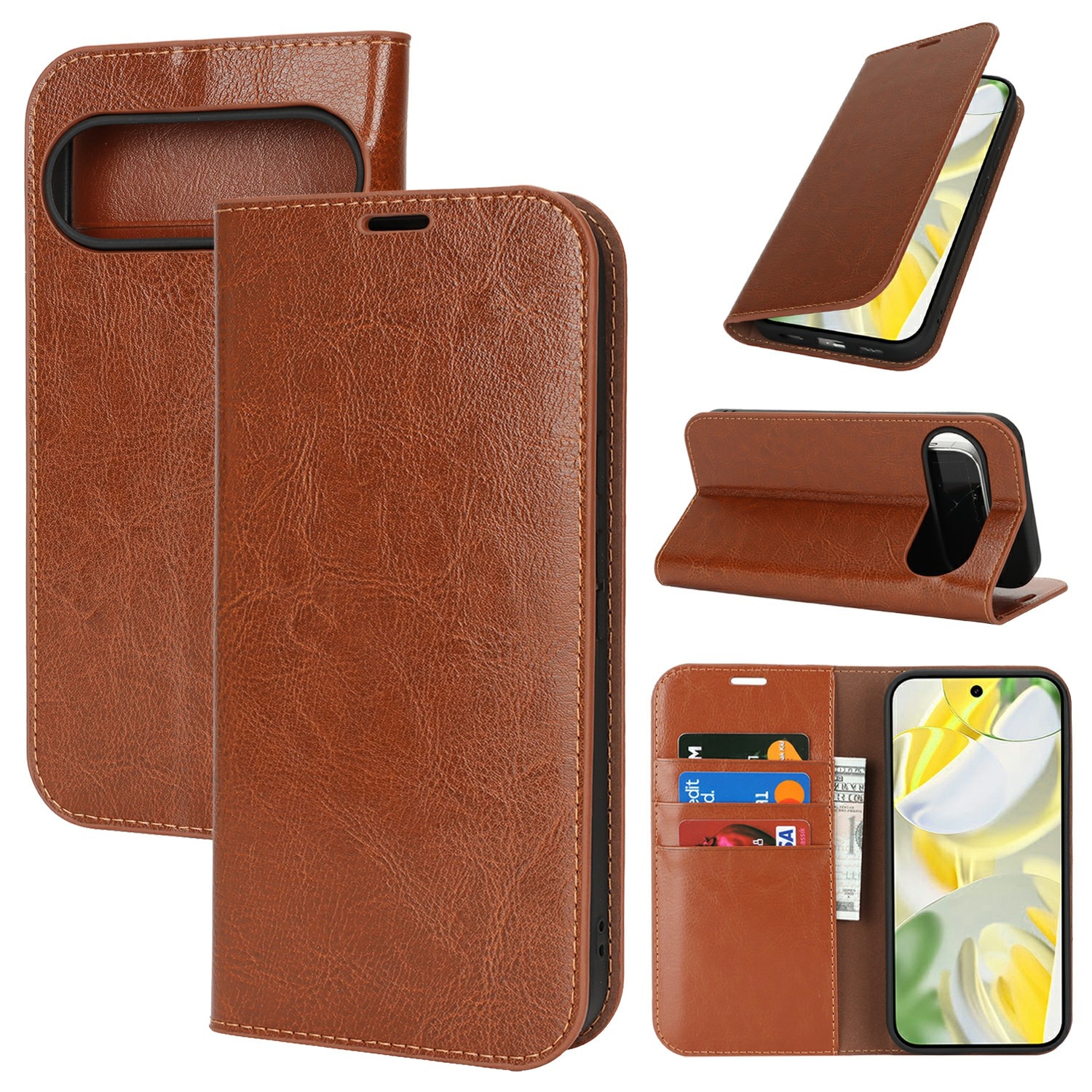 Funda cartera de cuero genuino Google Pixel 10 Pro XL Marrón