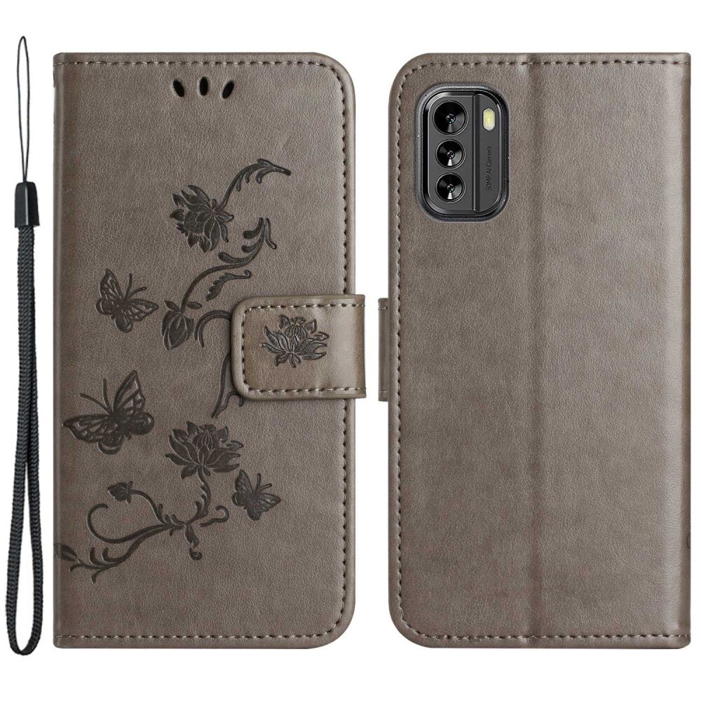 Funda de Cuero con Mariposas Nokia G60, gris