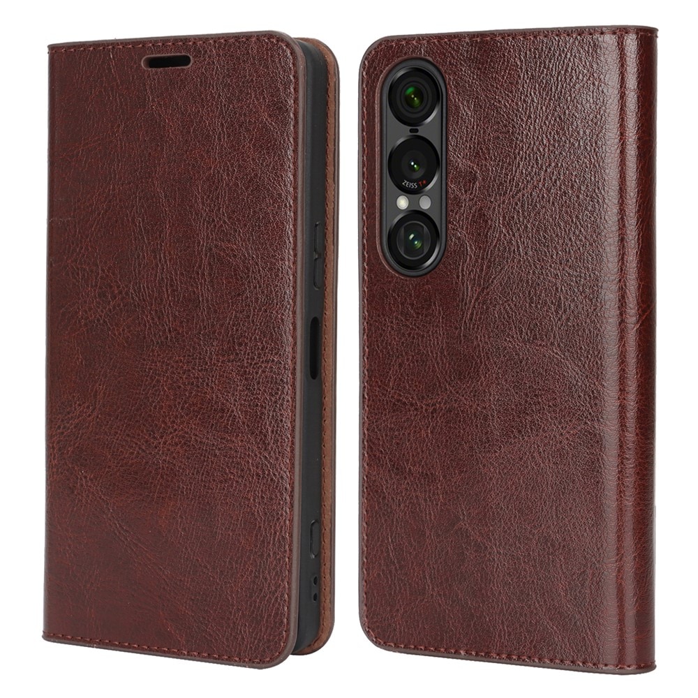 Funda cartera de cuero genuino Sony Xperia 1 VII Marrón oscuro