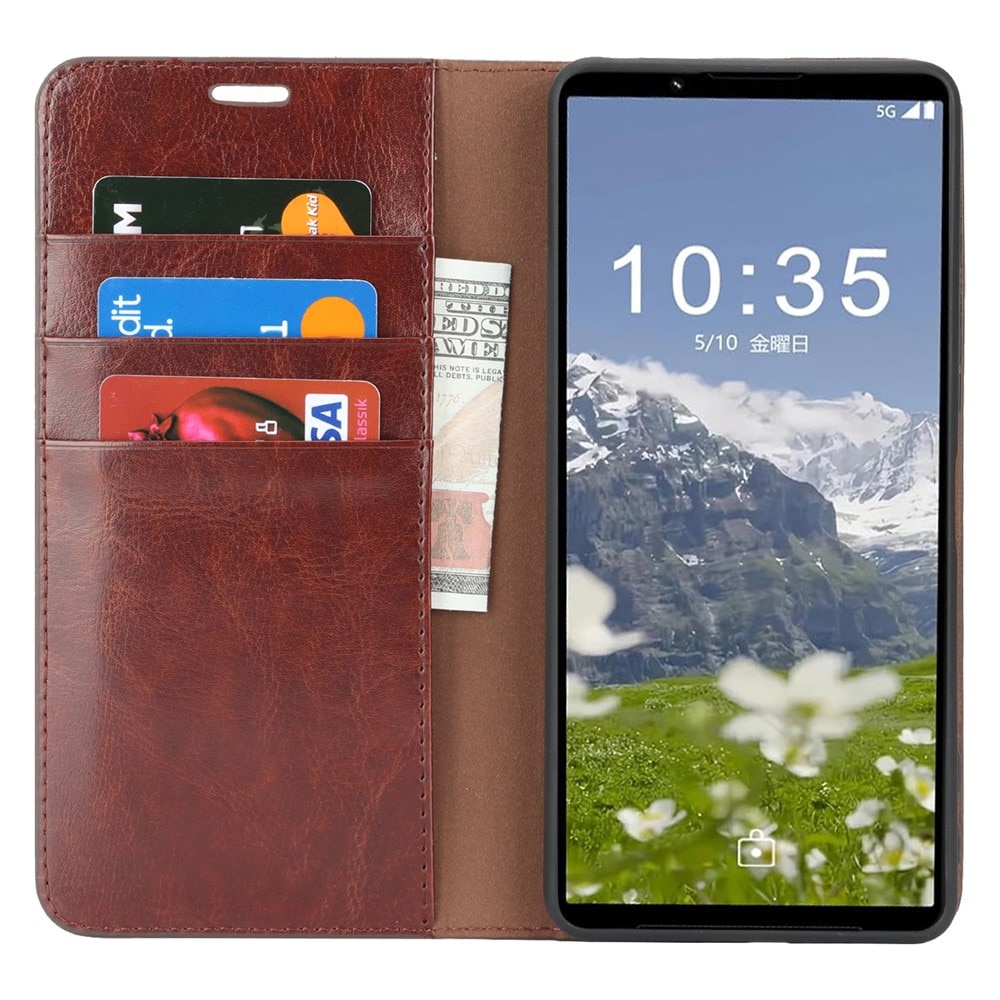 Funda cartera de cuero genuino Sony Xperia 1 VII Marrón oscuro