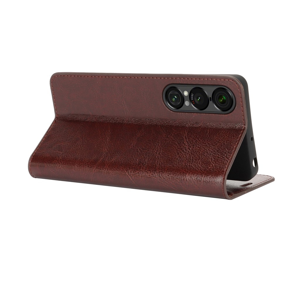 Funda cartera de cuero genuino Sony Xperia 1 VII Marrón oscuro