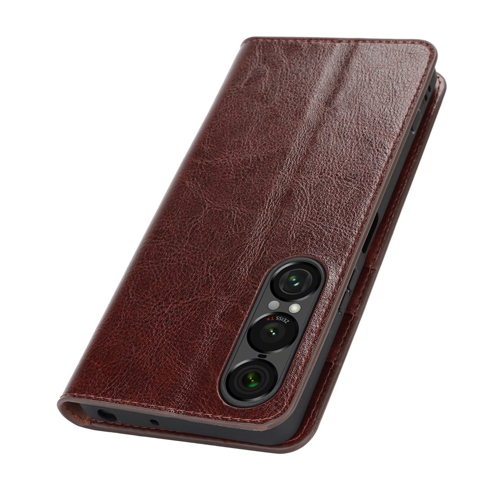 Funda cartera de cuero genuino Sony Xperia 1 VII Marrón oscuro