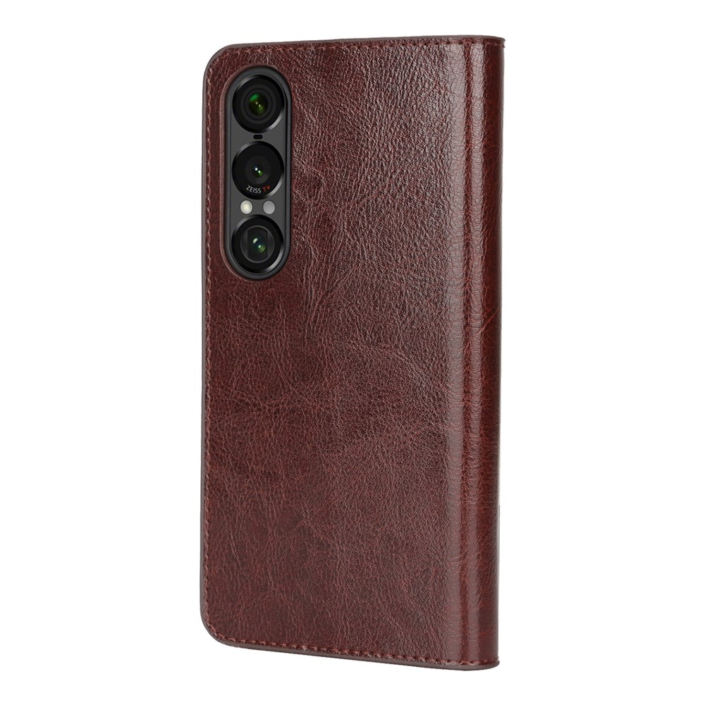Funda cartera de cuero genuino Sony Xperia 1 VII Marrón oscuro