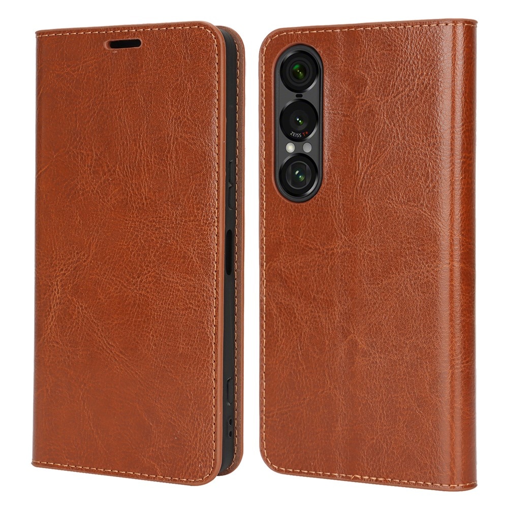 Funda cartera de cuero genuino Sony Xperia 1 VII Marrón