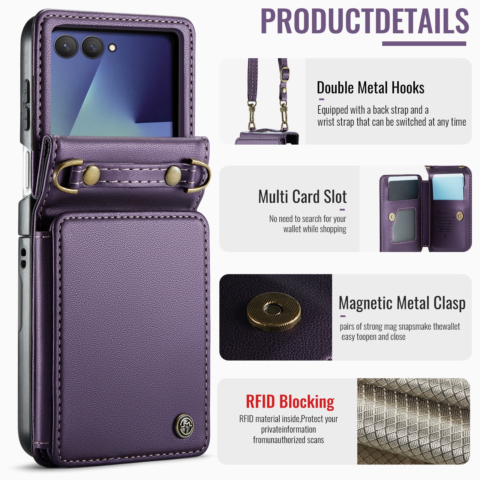 Funda con tarjetero anti-RFID Samsung Galaxy Z Flip 7 Púrpura