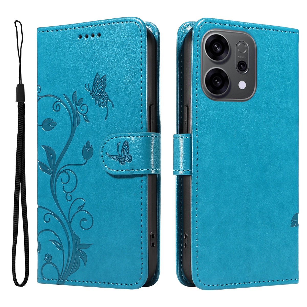 Funda de Cuero con Mariposas Oppo Reno 14 F, Azul