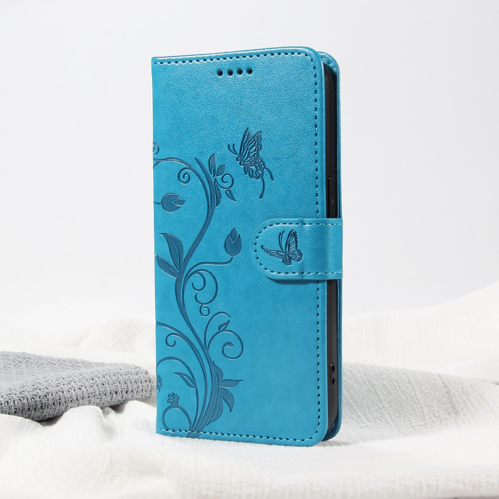 Funda de Cuero con Mariposas Oppo Reno 14 F, Azul