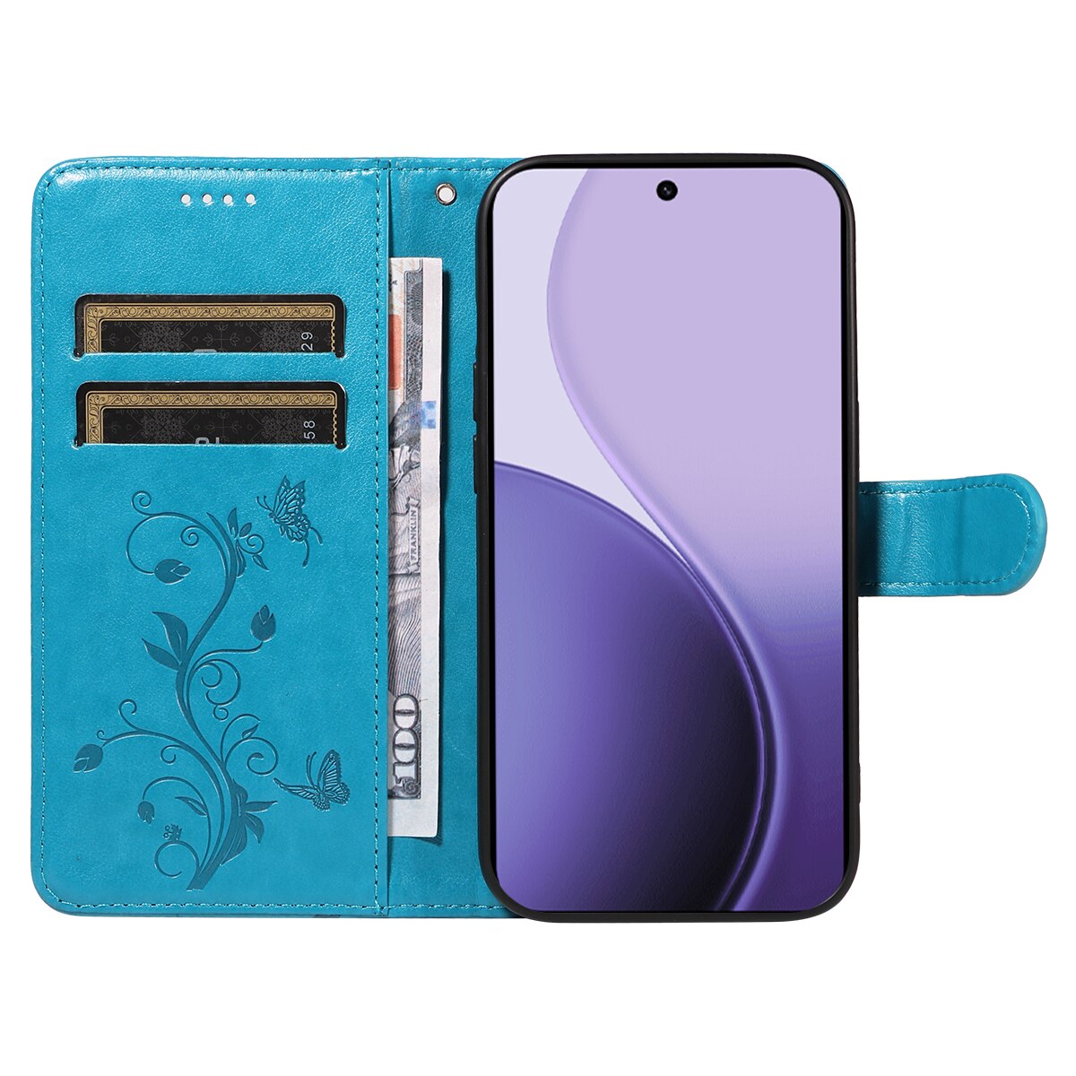 Funda de Cuero con Mariposas Oppo Reno 14 F, Azul