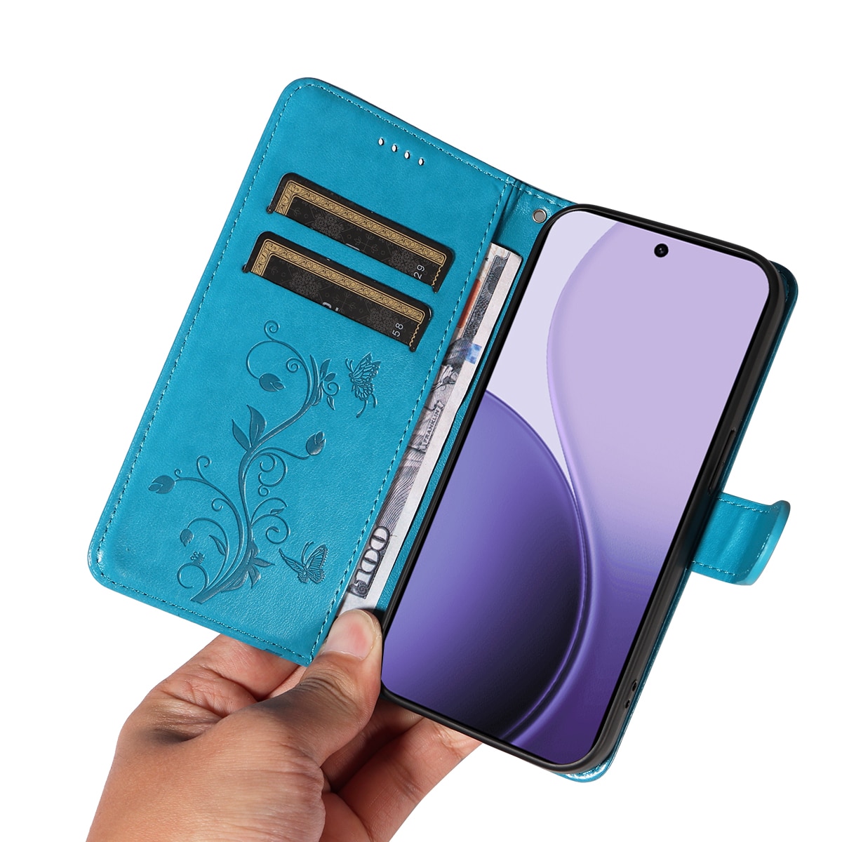 Funda de Cuero con Mariposas Oppo Reno 14 F, Azul