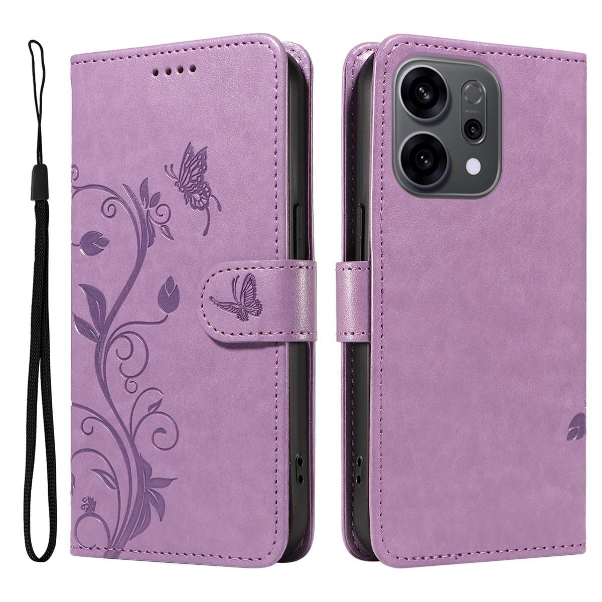Funda de Cuero con Mariposas Oppo Reno 14, Púrpura