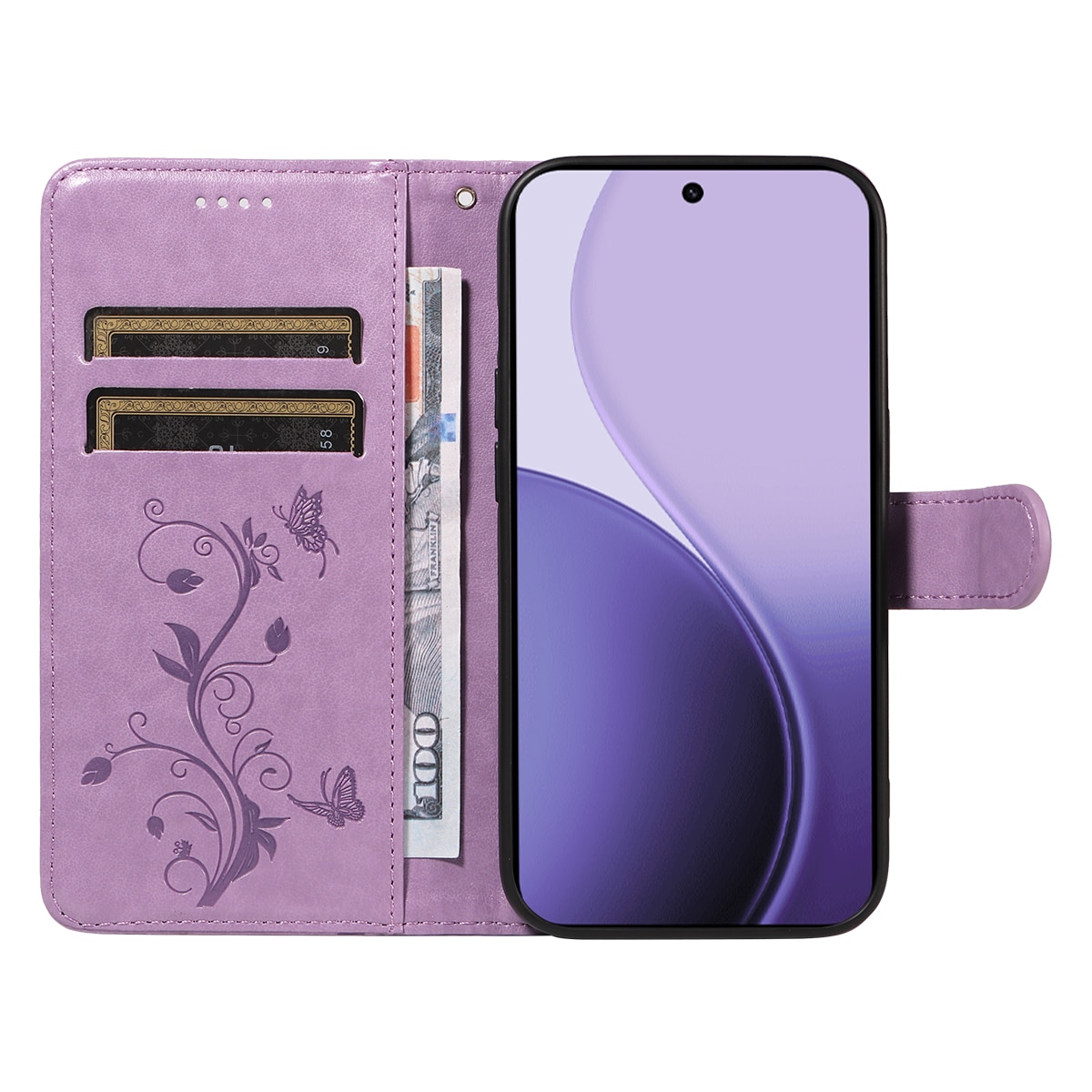 Funda de Cuero con Mariposas Oppo Reno 14, Púrpura