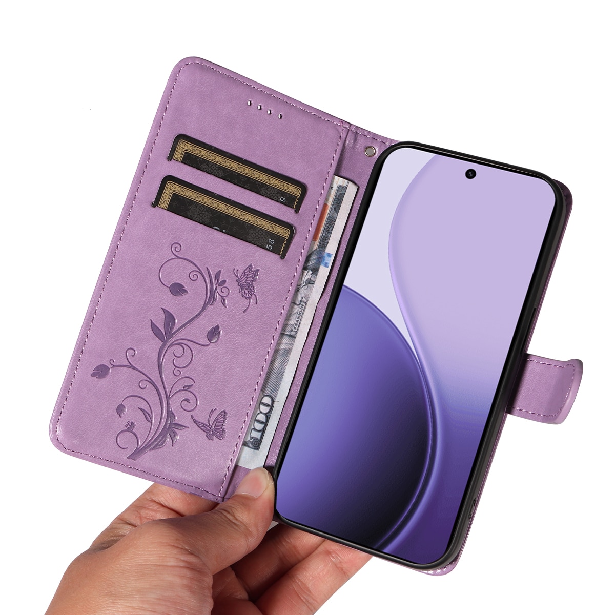Funda de Cuero con Mariposas Oppo Reno 14, Púrpura