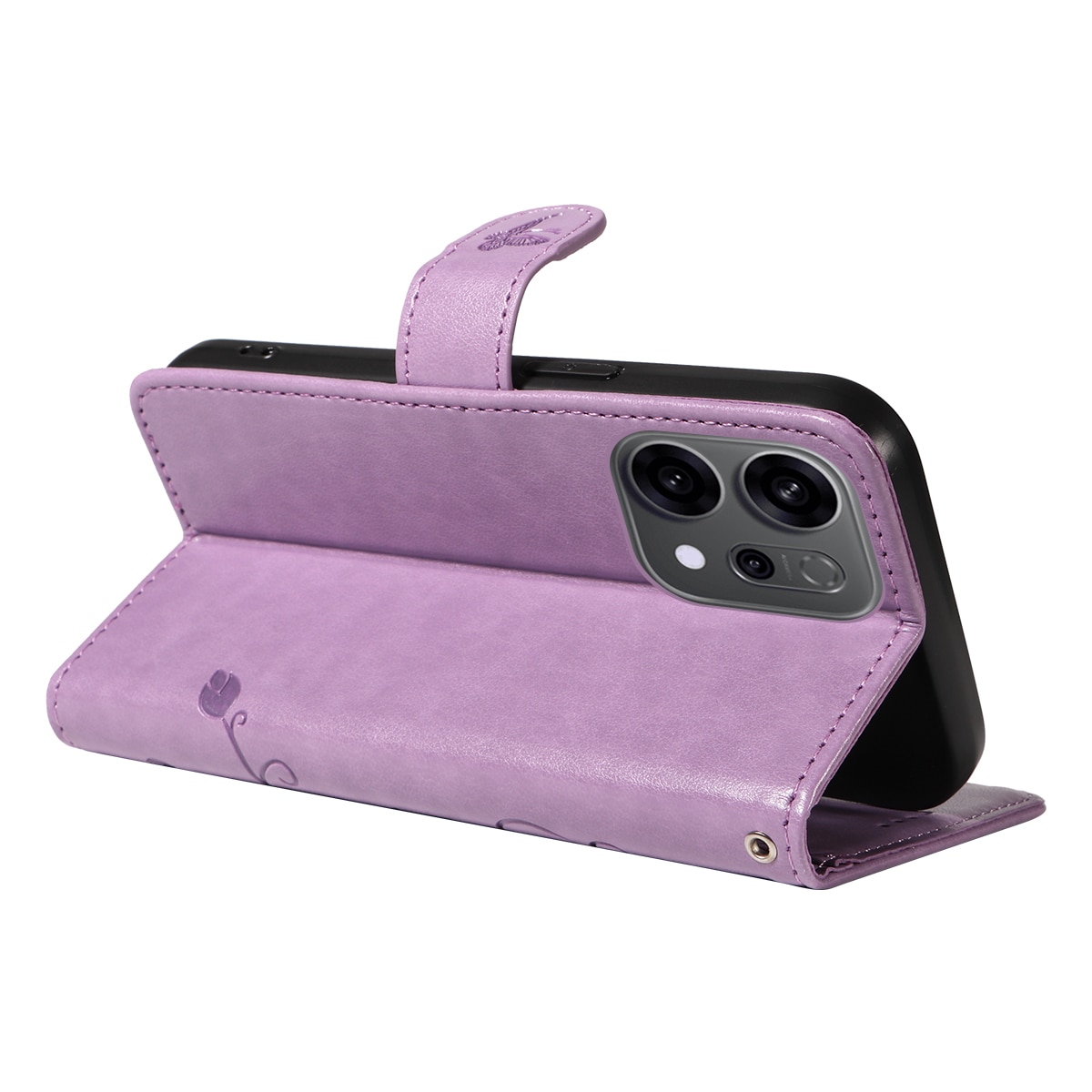 Funda de Cuero con Mariposas Oppo Reno 14, Púrpura
