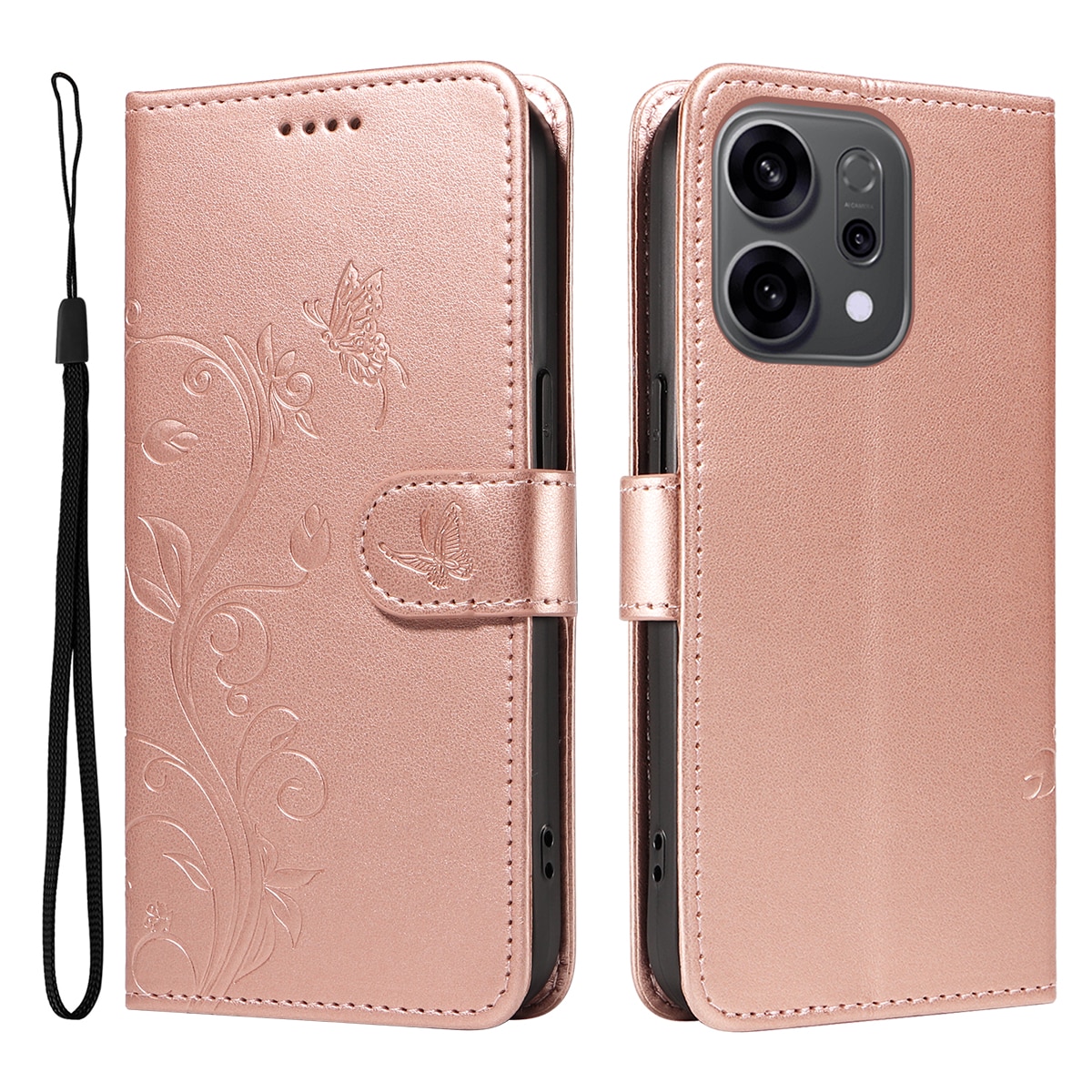 Funda de Cuero con Mariposas Oppo Reno 14 F, Oro rosa