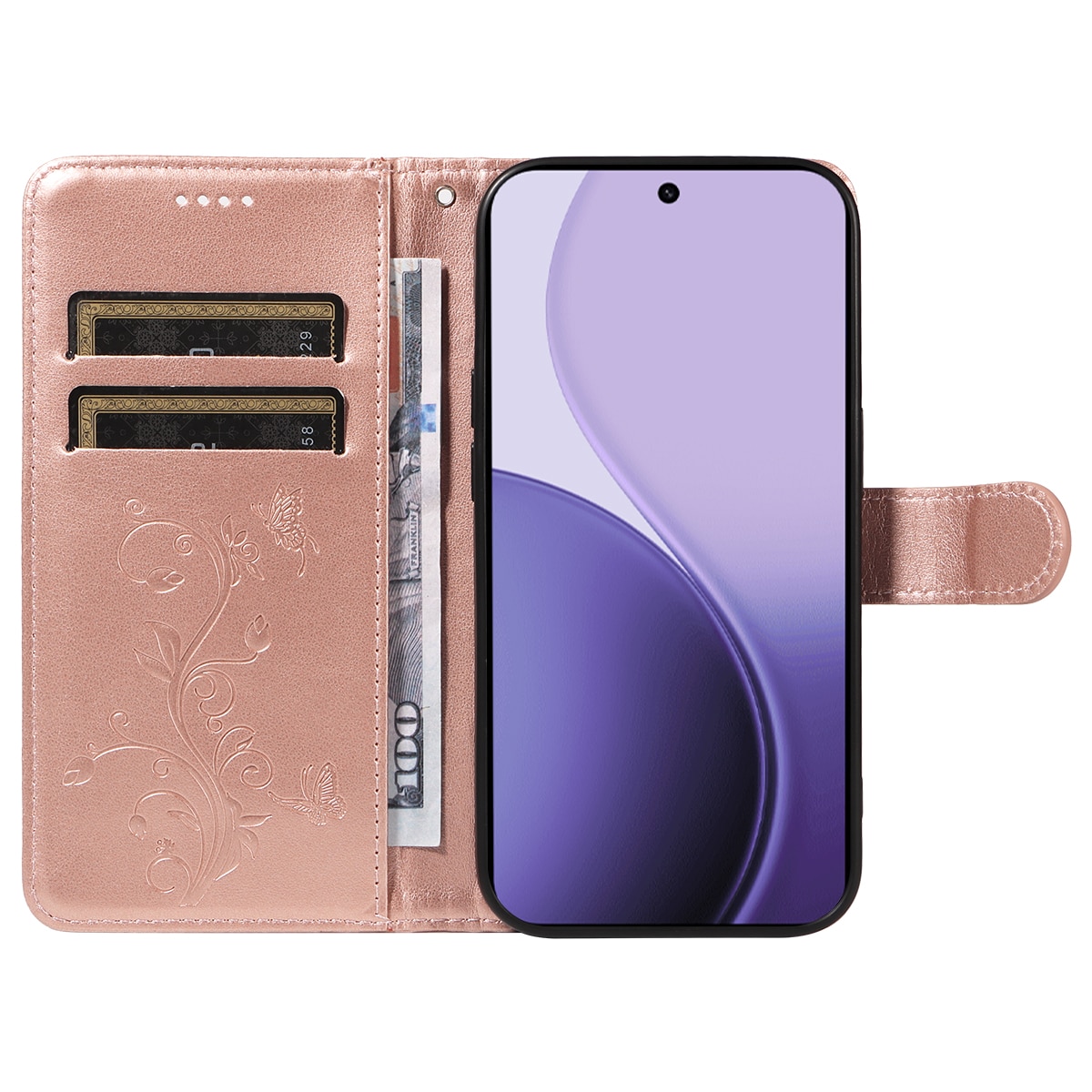 Funda de Cuero con Mariposas Oppo Reno 14 F, Oro rosa