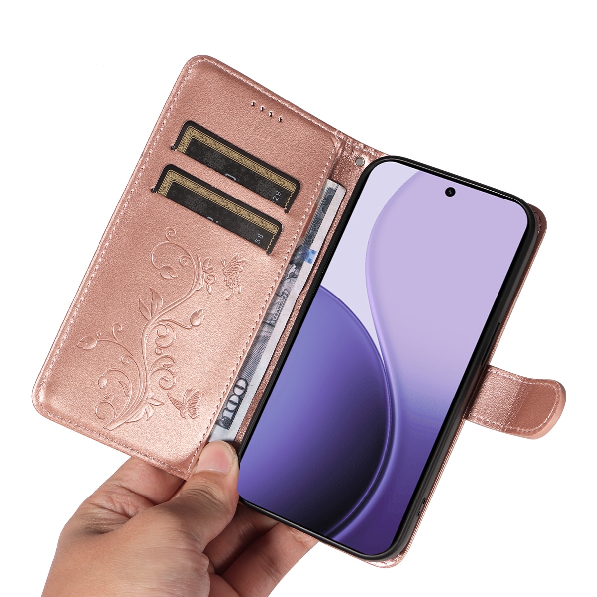 Funda de Cuero con Mariposas Oppo Reno 14 F, Oro rosa