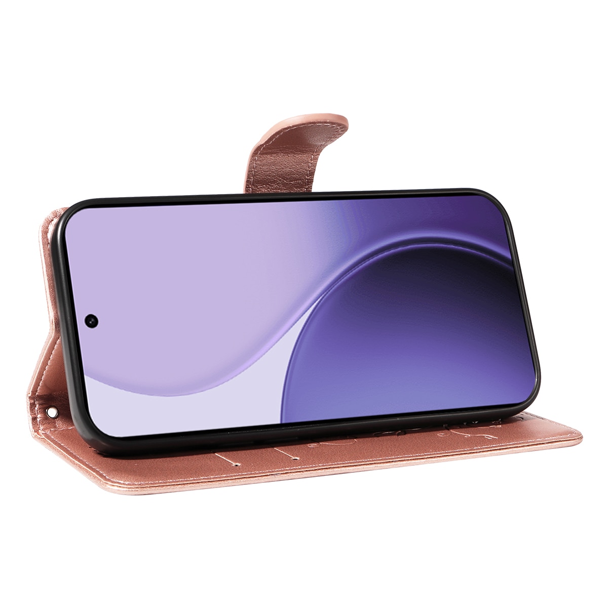 Funda de Cuero con Mariposas Oppo Reno 14 F, Oro rosa