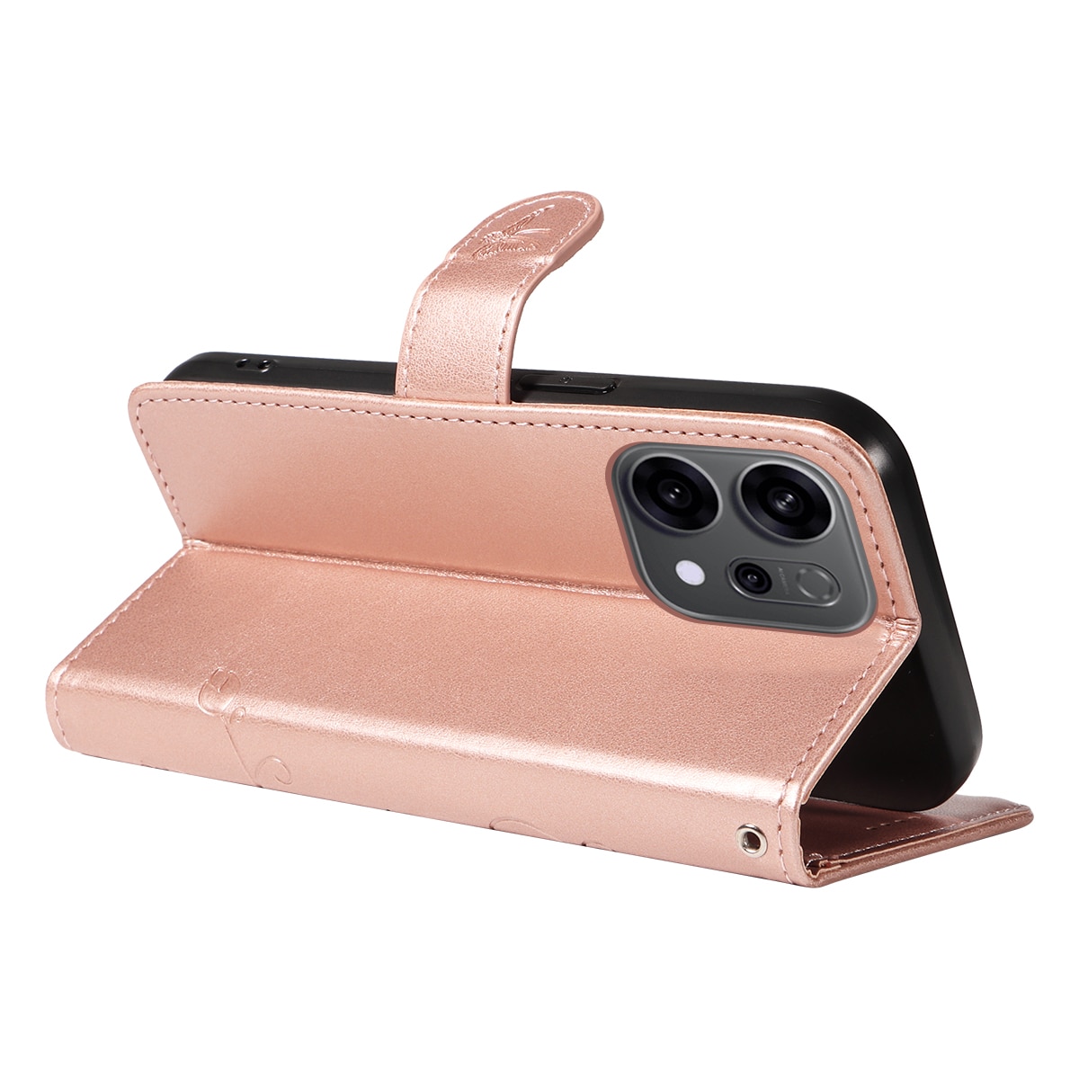 Funda de Cuero con Mariposas Oppo Reno 14 F, Oro rosa