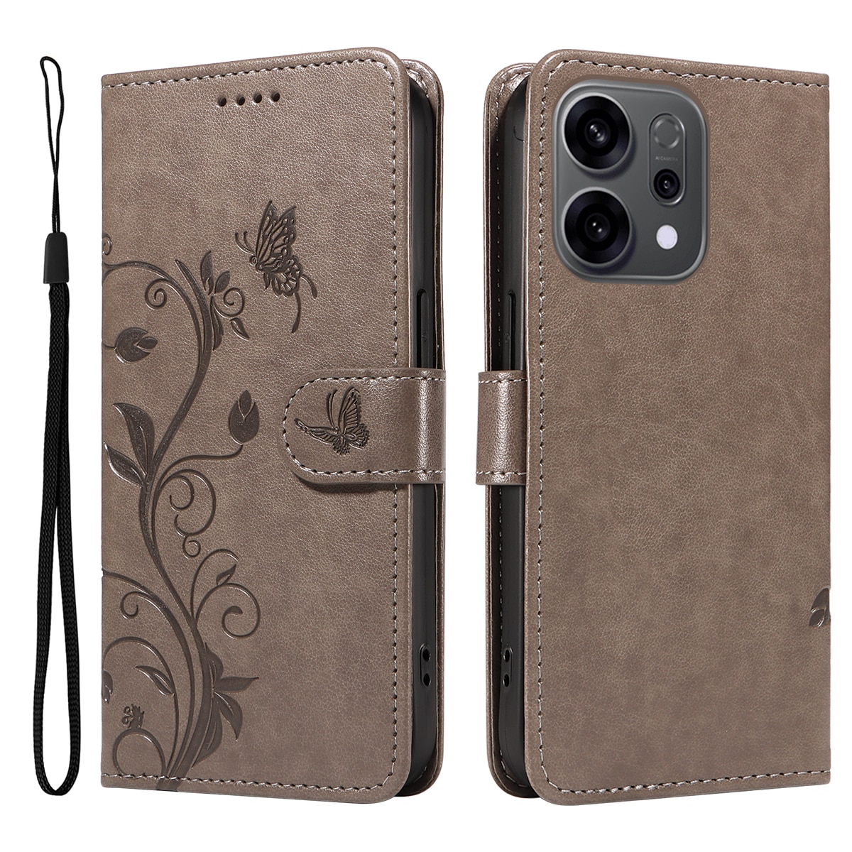 Funda de Cuero con Mariposas Oppo Reno 14 F, Gris