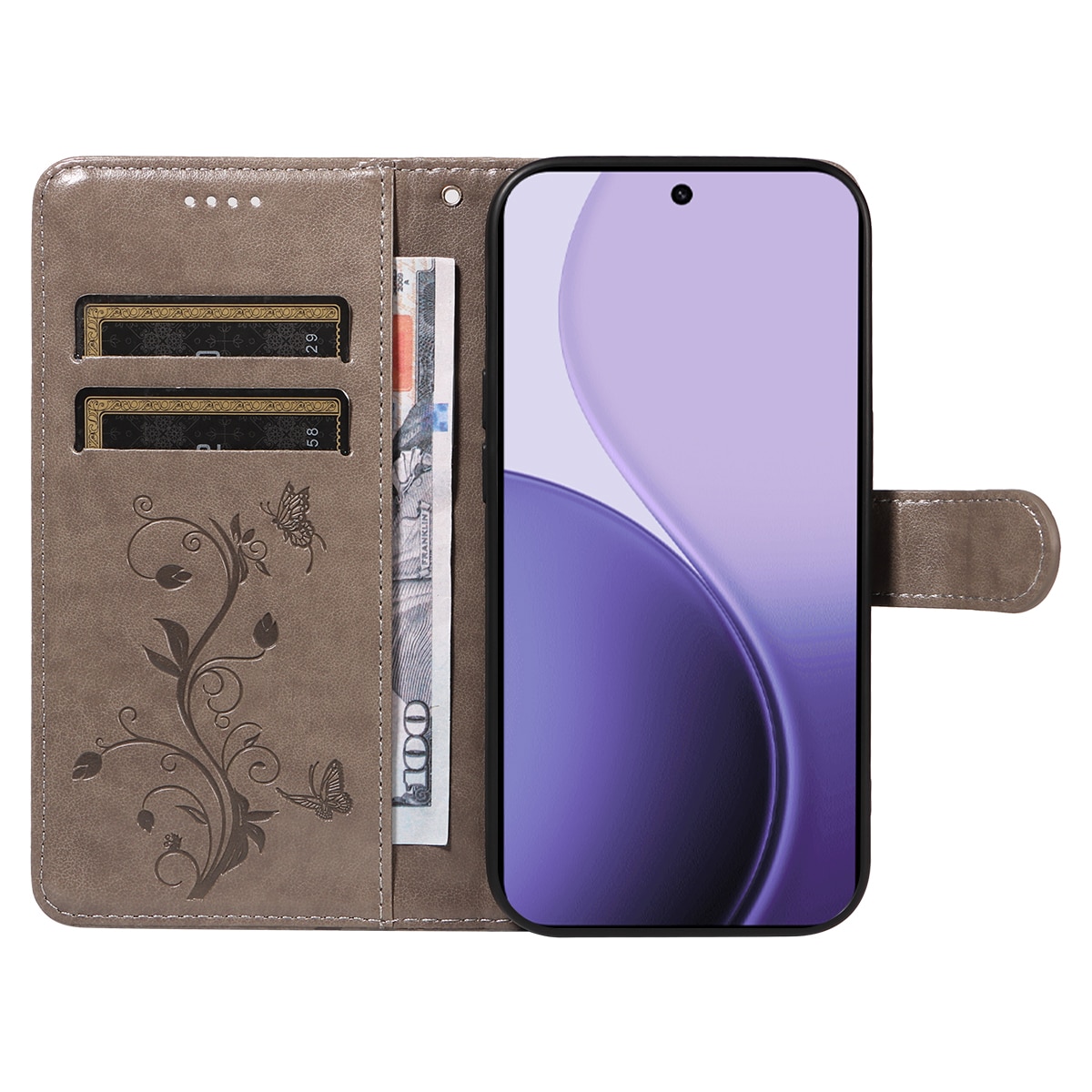 Funda de Cuero con Mariposas Oppo Reno 14 F, Gris