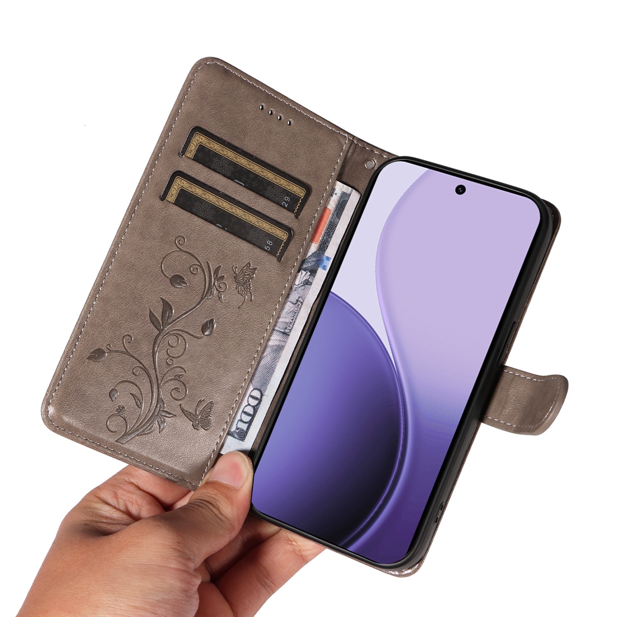 Funda de Cuero con Mariposas Oppo Reno 14 F, Gris