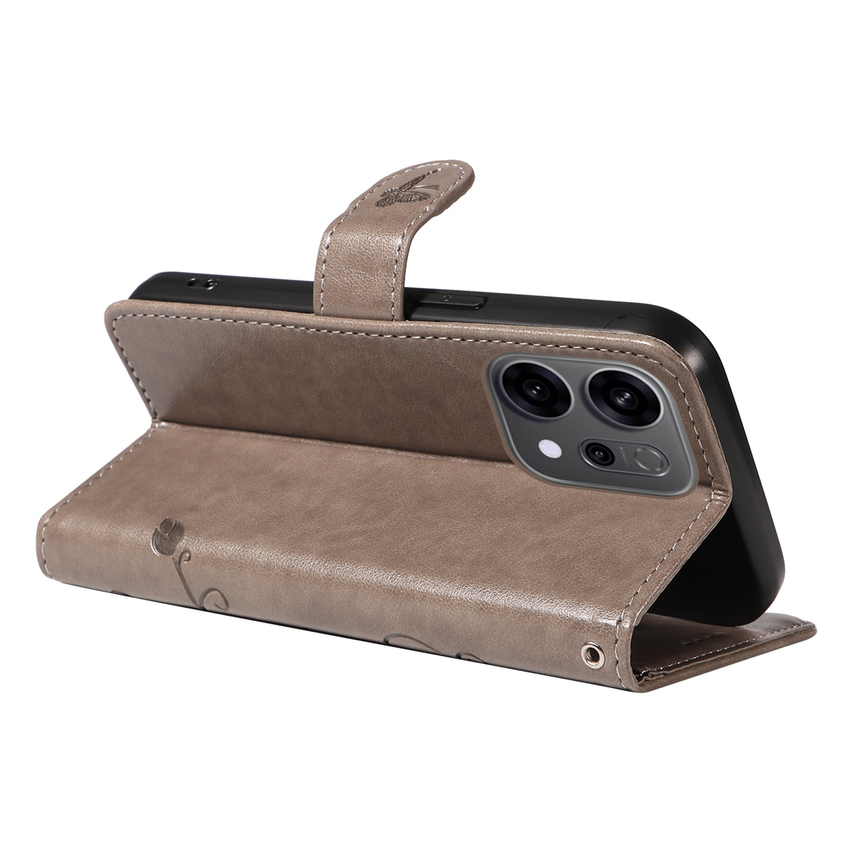 Funda de Cuero con Mariposas Oppo Reno 14 F, Gris