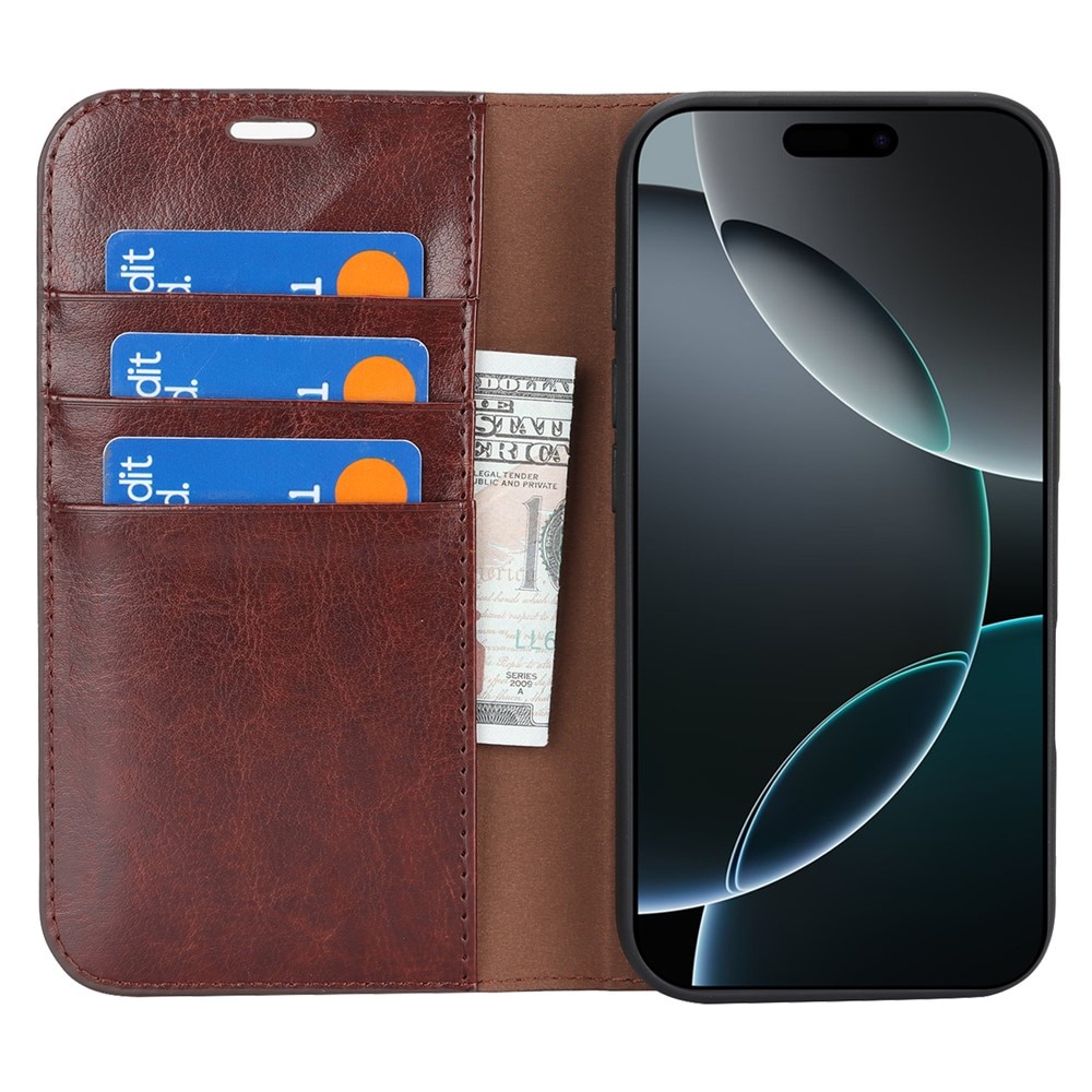 Funda cartera de cuero genuino iPhone 17 Marrón oscuro
