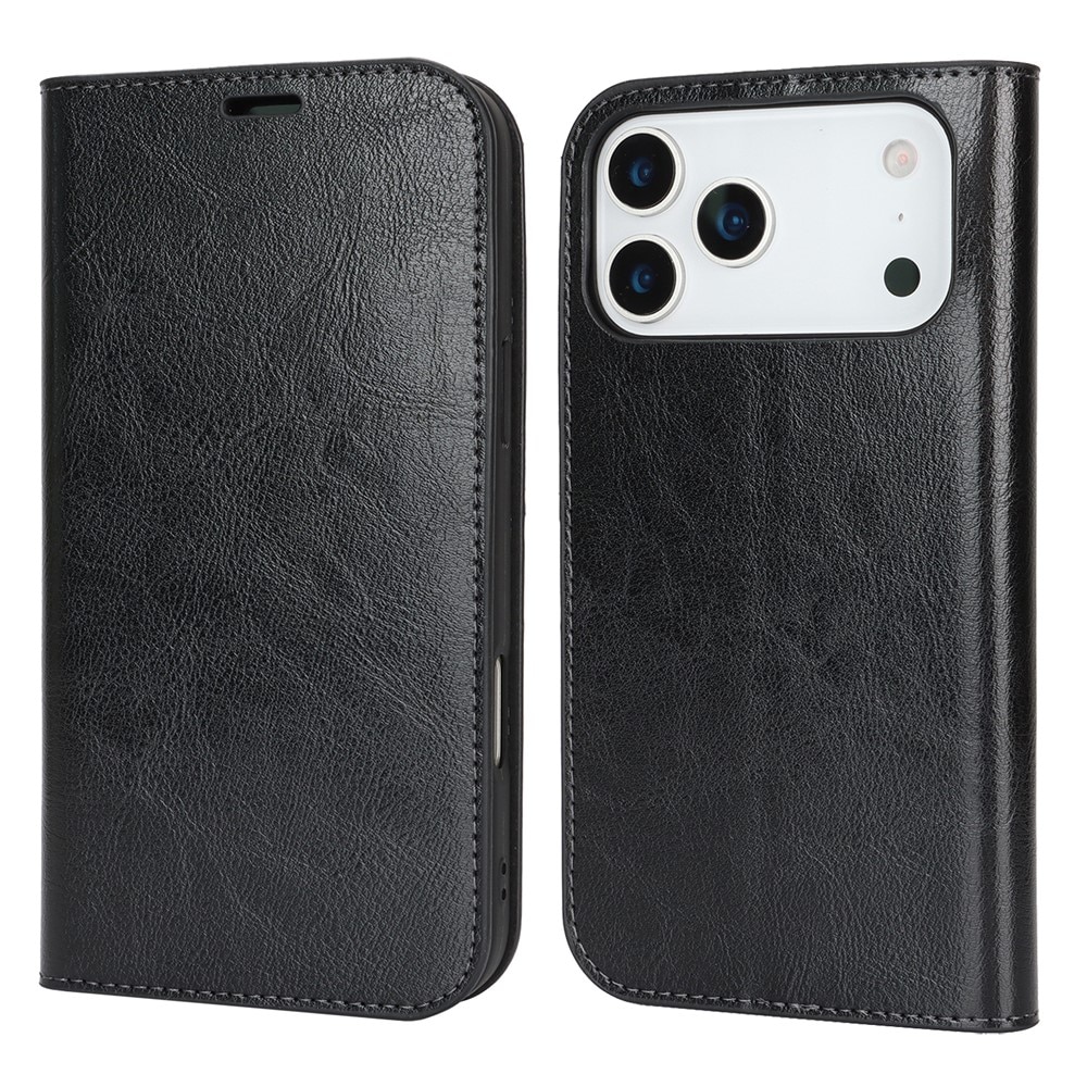 Funda cartera de cuero genuino iPhone 17 Pro Max Negro