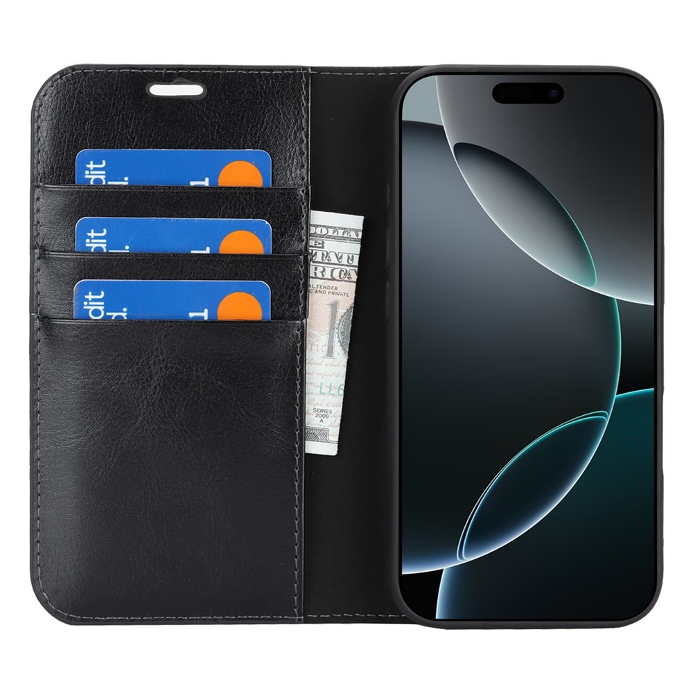 Funda cartera de cuero genuino iPhone 17 Pro Max Negro