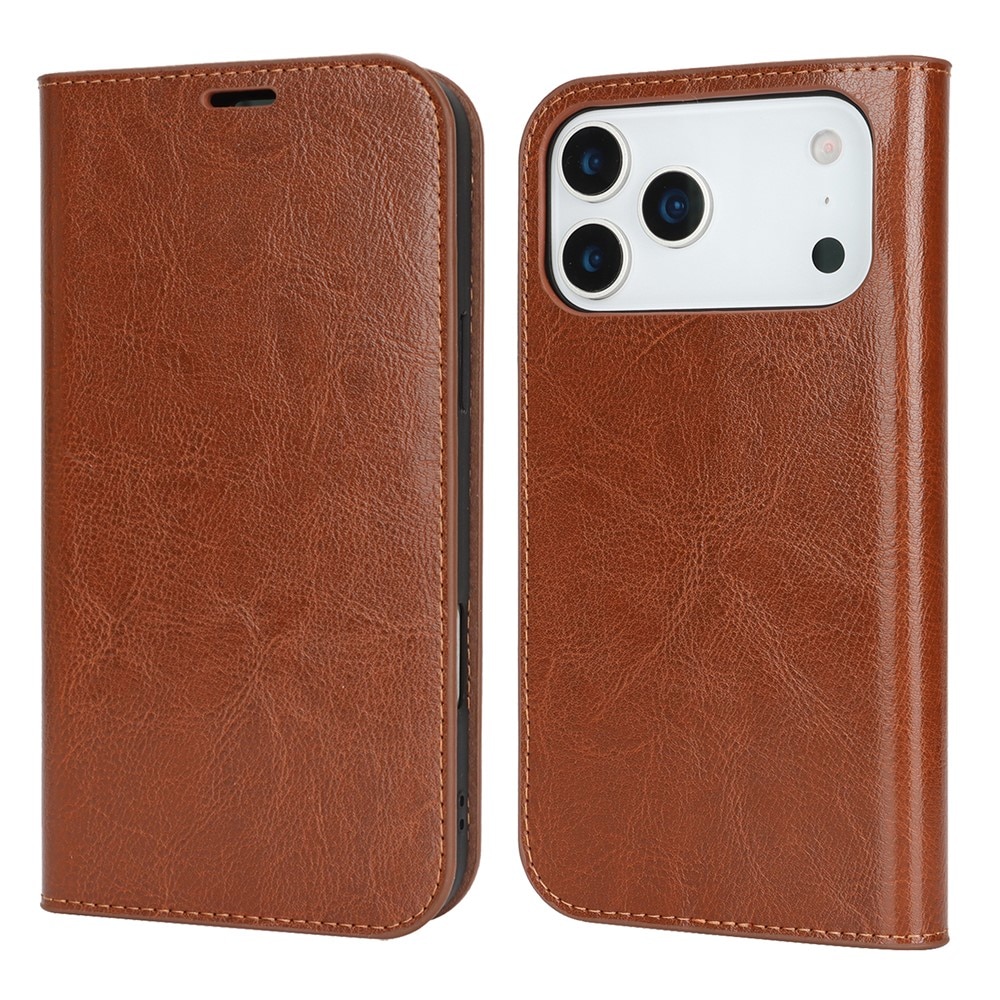 Funda cartera de cuero genuino iPhone 17 Pro Max Marrón