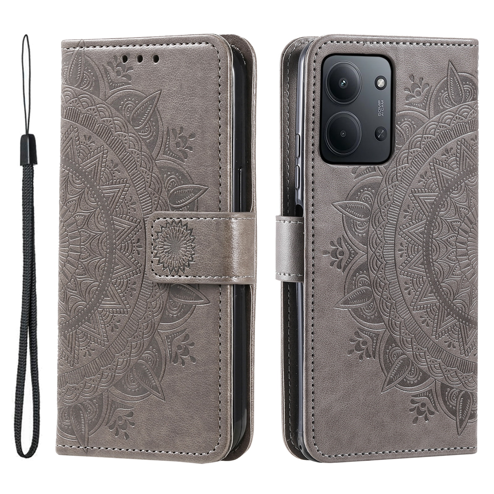 Funda de Cuero Mandala Xiaomi Redmi 15C Gris