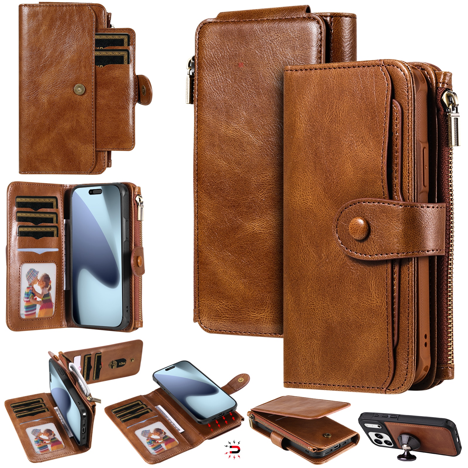 Magnet Leather Multi Wallet iPhone 17 Pro Marrón