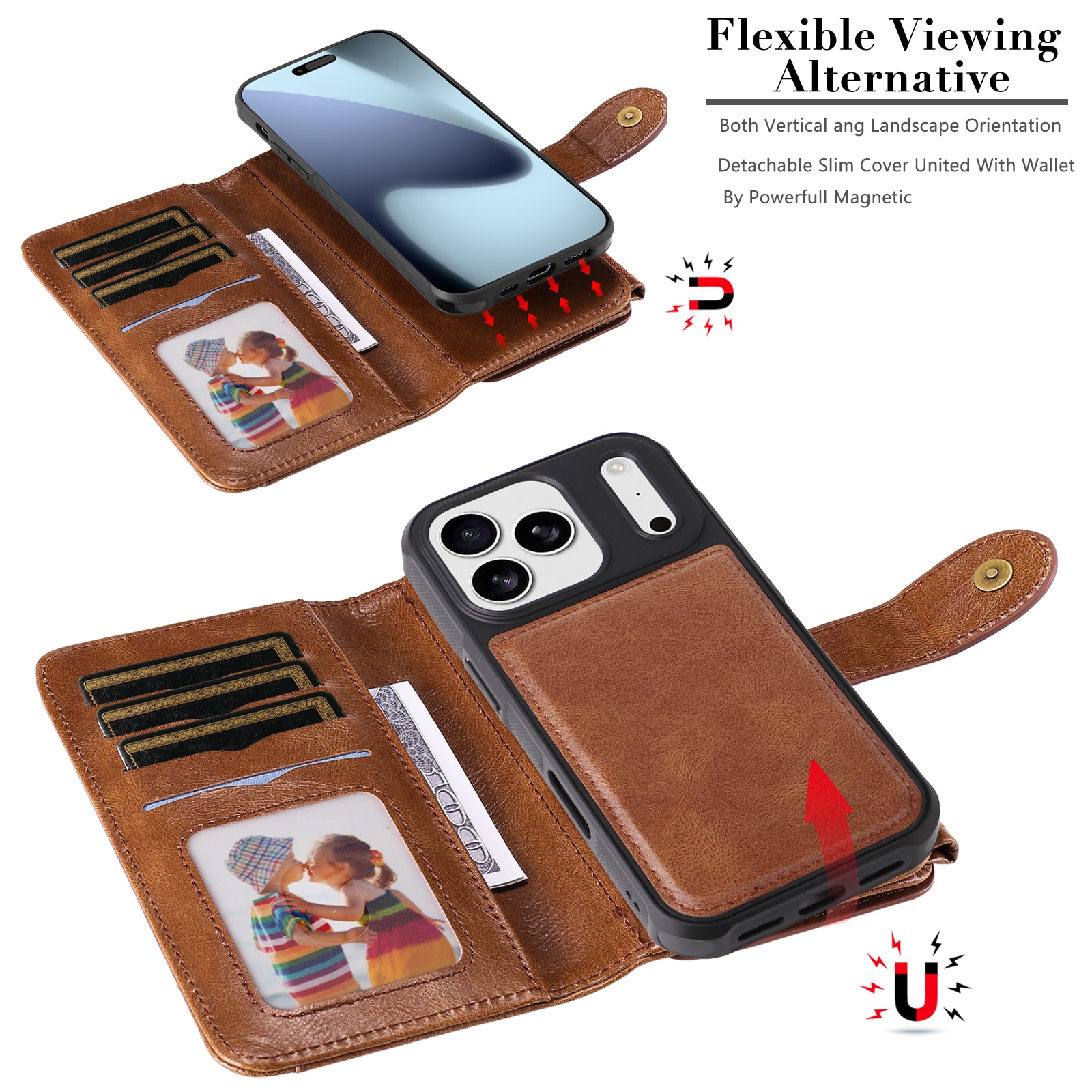 Magnet Leather Multi Wallet iPhone 17 Pro Marrón