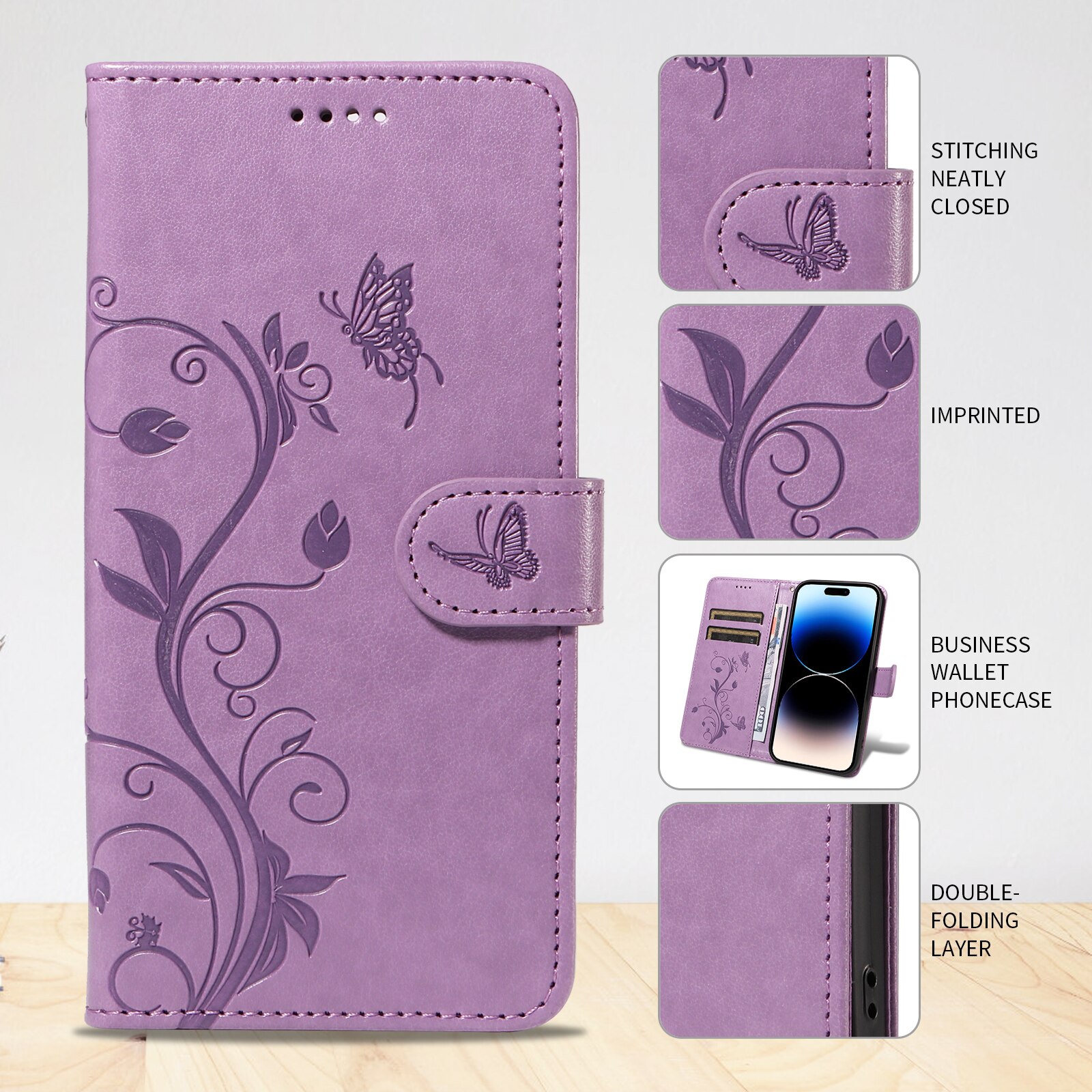 Funda de Cuero con Mariposas Sony Xperia 10 VII, Púrpura
