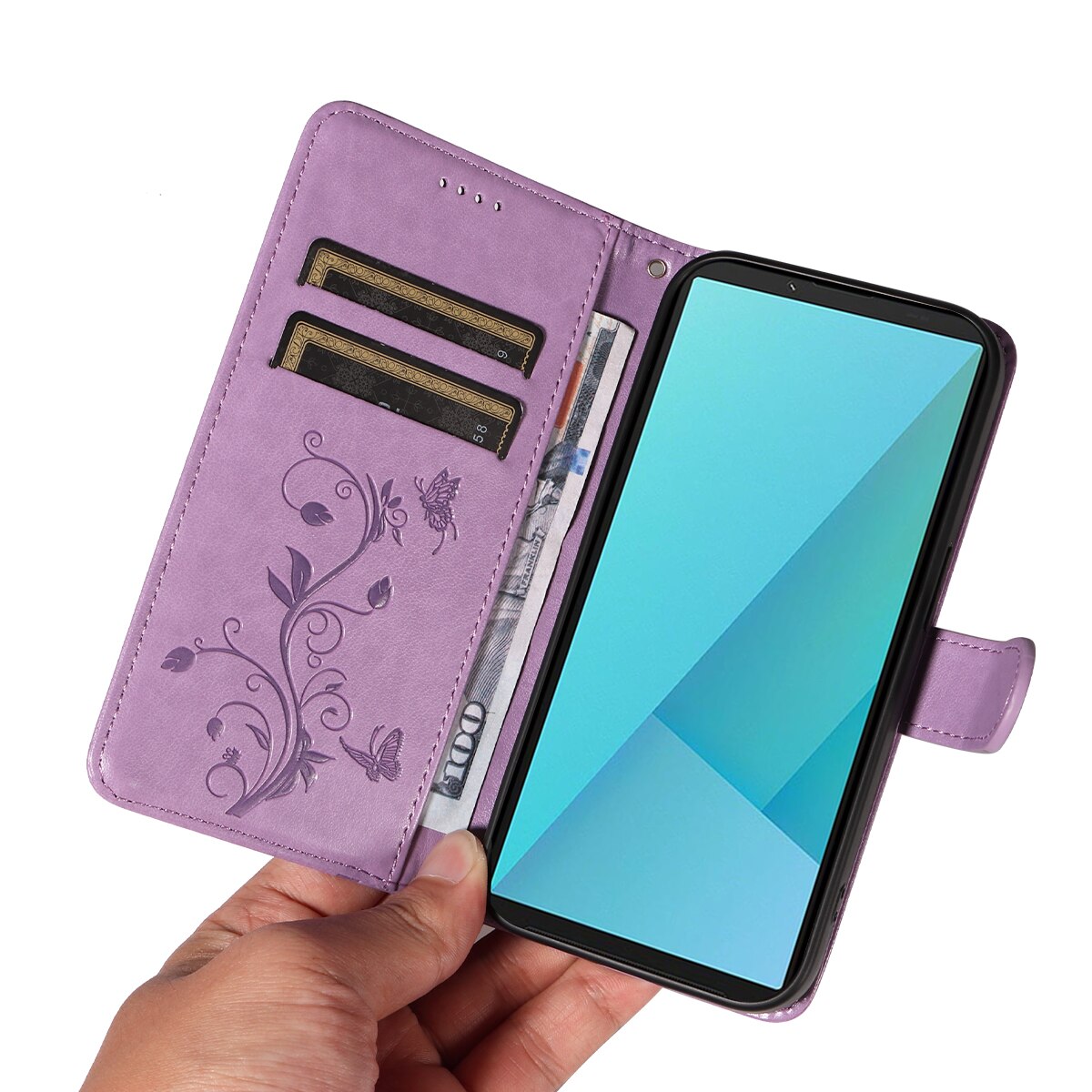 Funda de Cuero con Mariposas Sony Xperia 10 VII, Púrpura