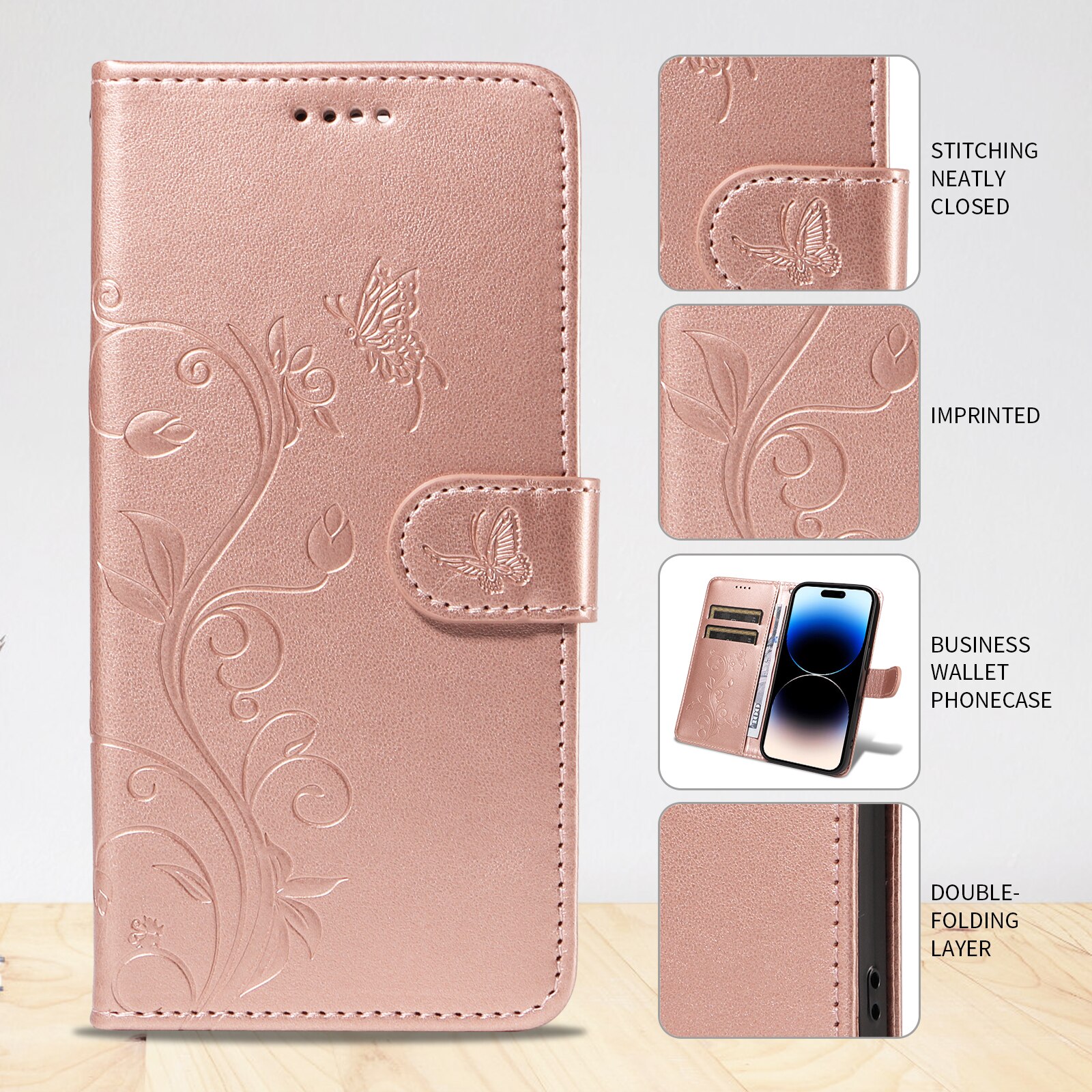 Funda de Cuero con Mariposas Sony Xperia 10 VII, Oro rosa