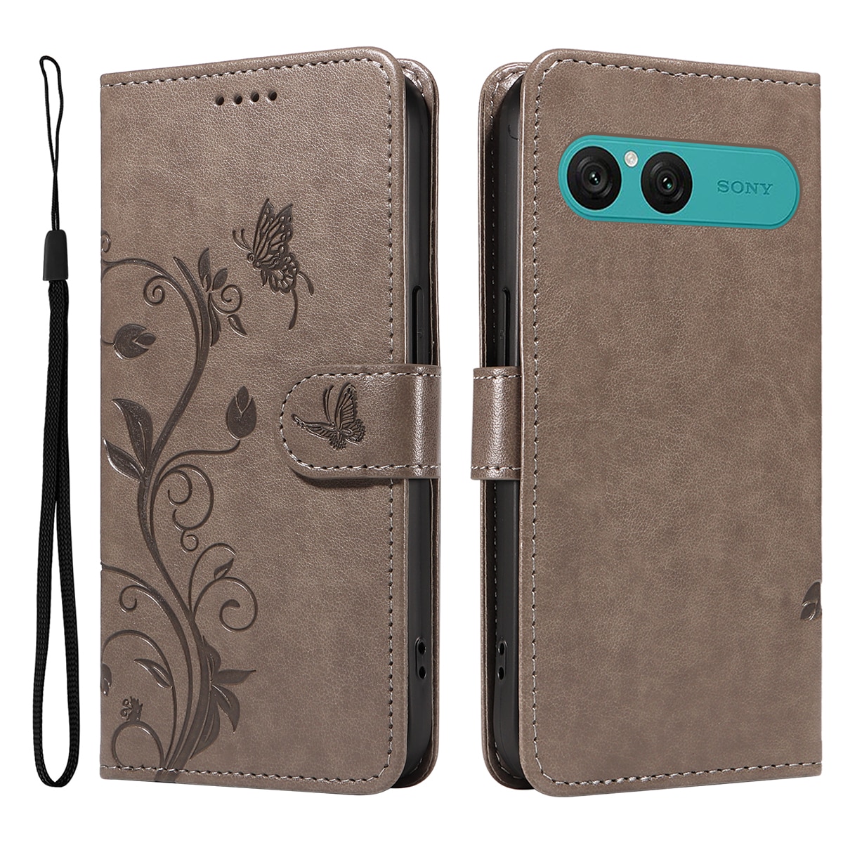 Funda de Cuero con Mariposas Sony Xperia 10 VII, Gris