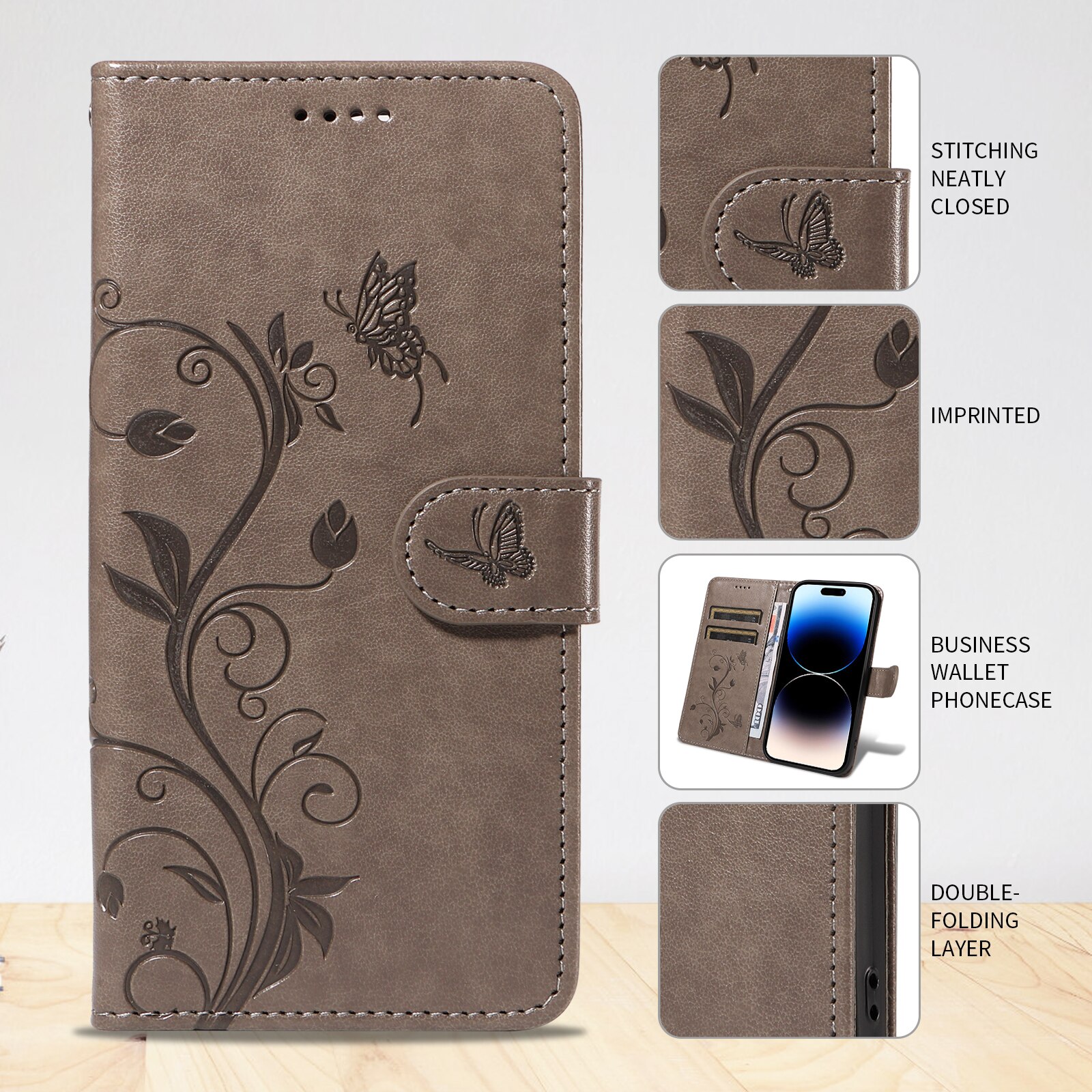 Funda de Cuero con Mariposas Sony Xperia 10 VII, Gris