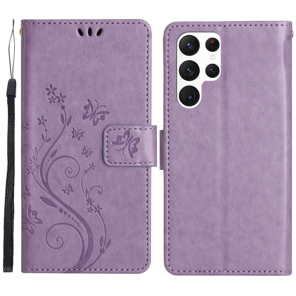 Funda de Cuero con Mariposas Samsung Galaxy S23 Ultra, Púrpura