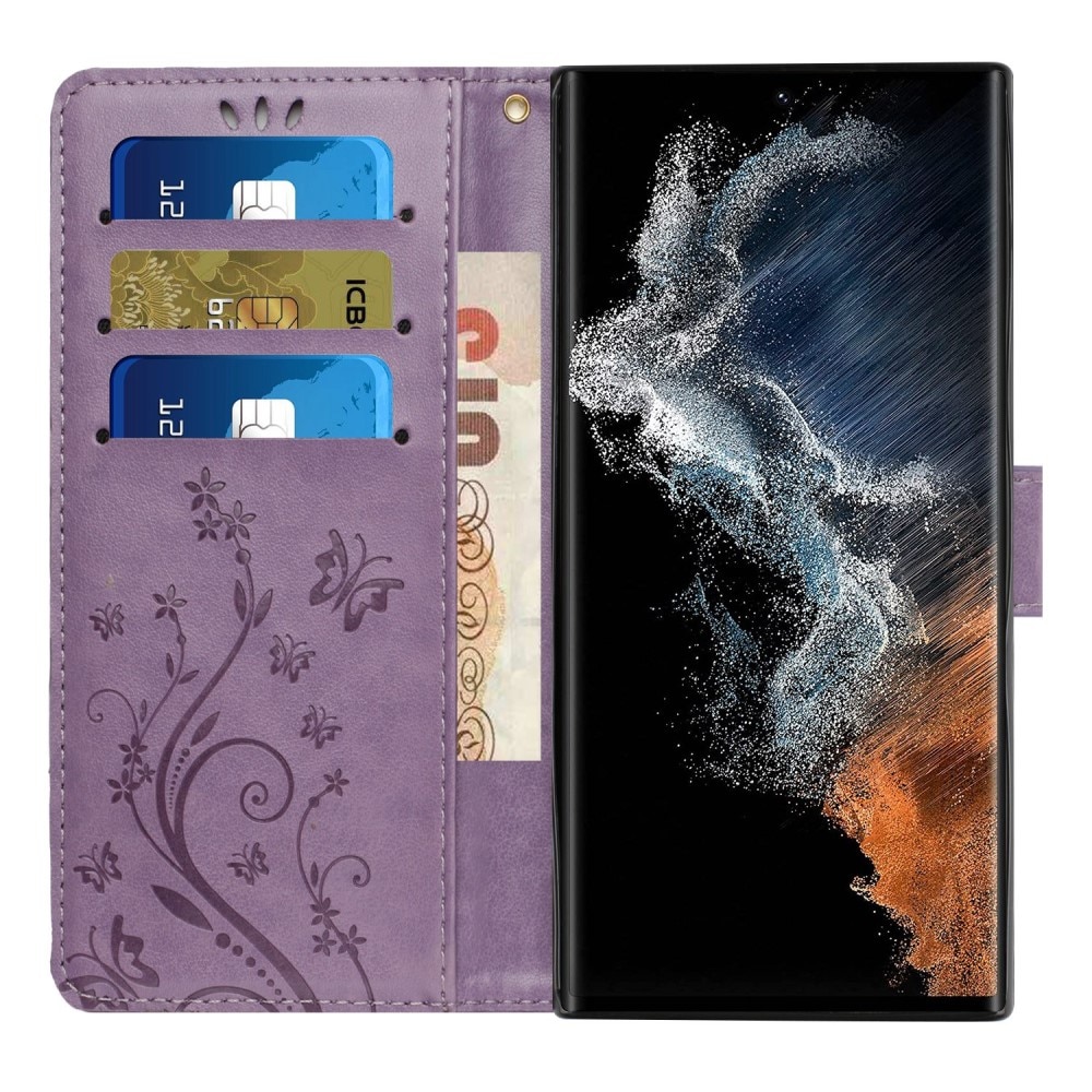 Funda de Cuero con Mariposas Samsung Galaxy S23 Ultra, Púrpura