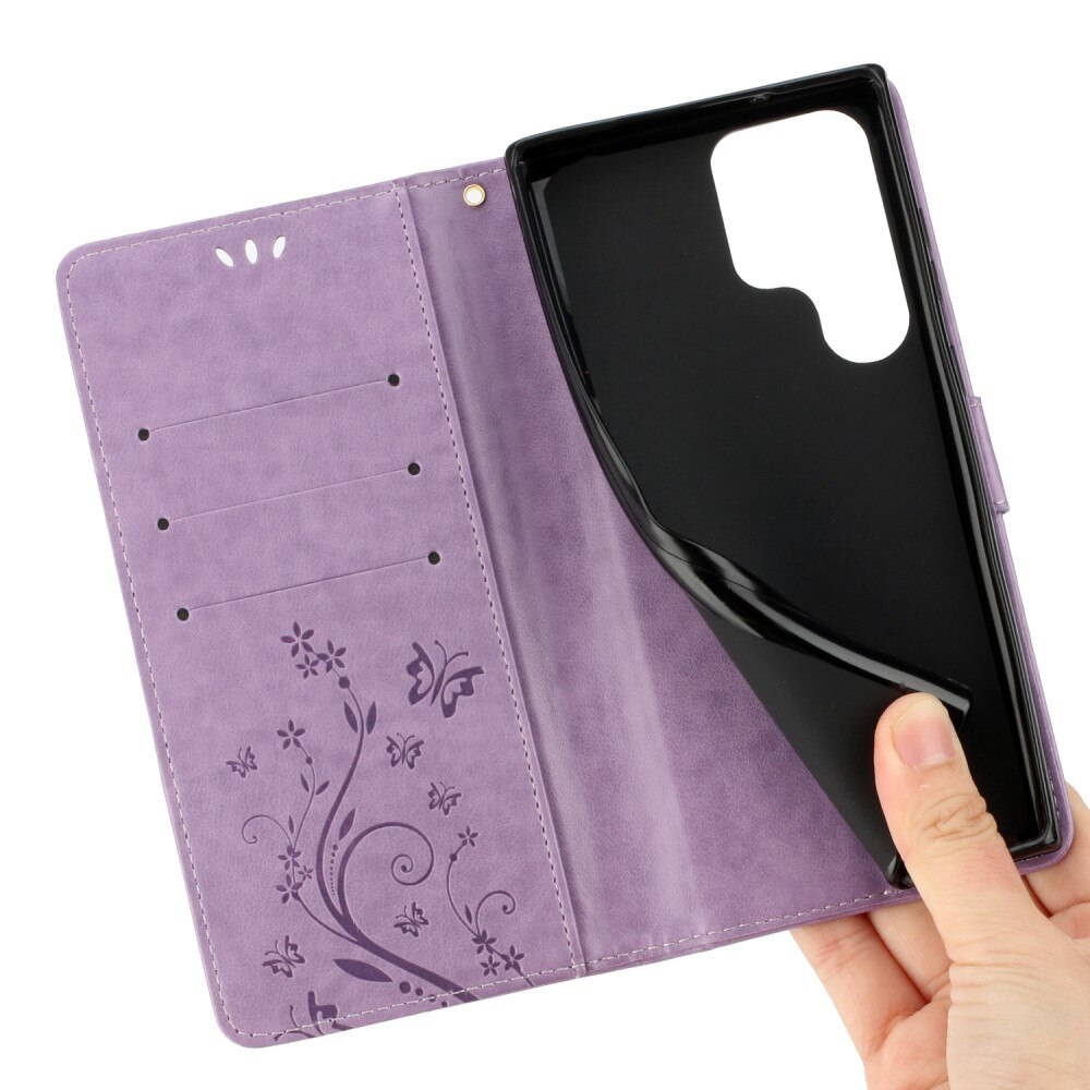Funda de Cuero con Mariposas Samsung Galaxy S23 Ultra, Púrpura